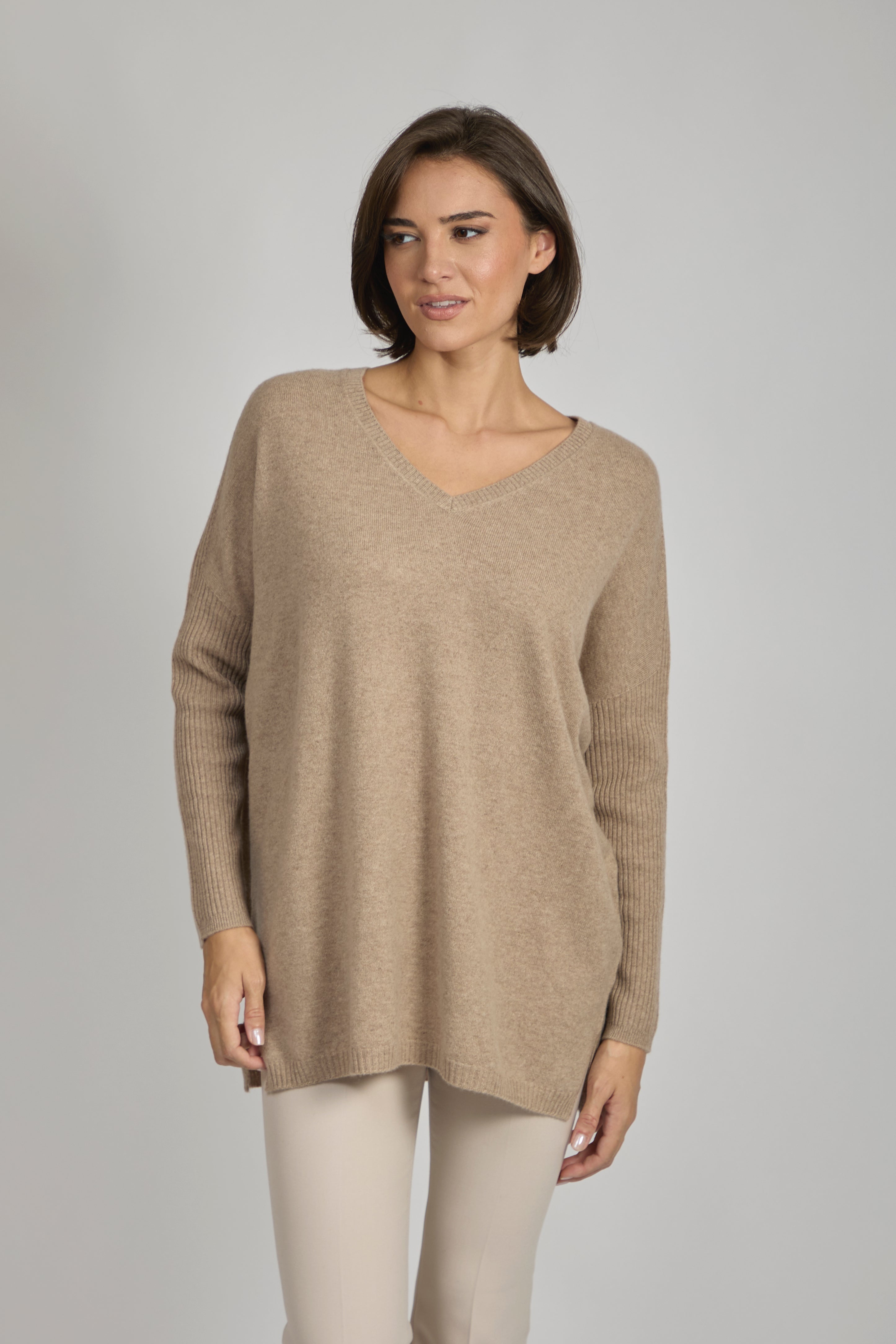 Noisette cashmere tunic with relaxed A-line silhouette, boat neckline and long sleeves, soft drape