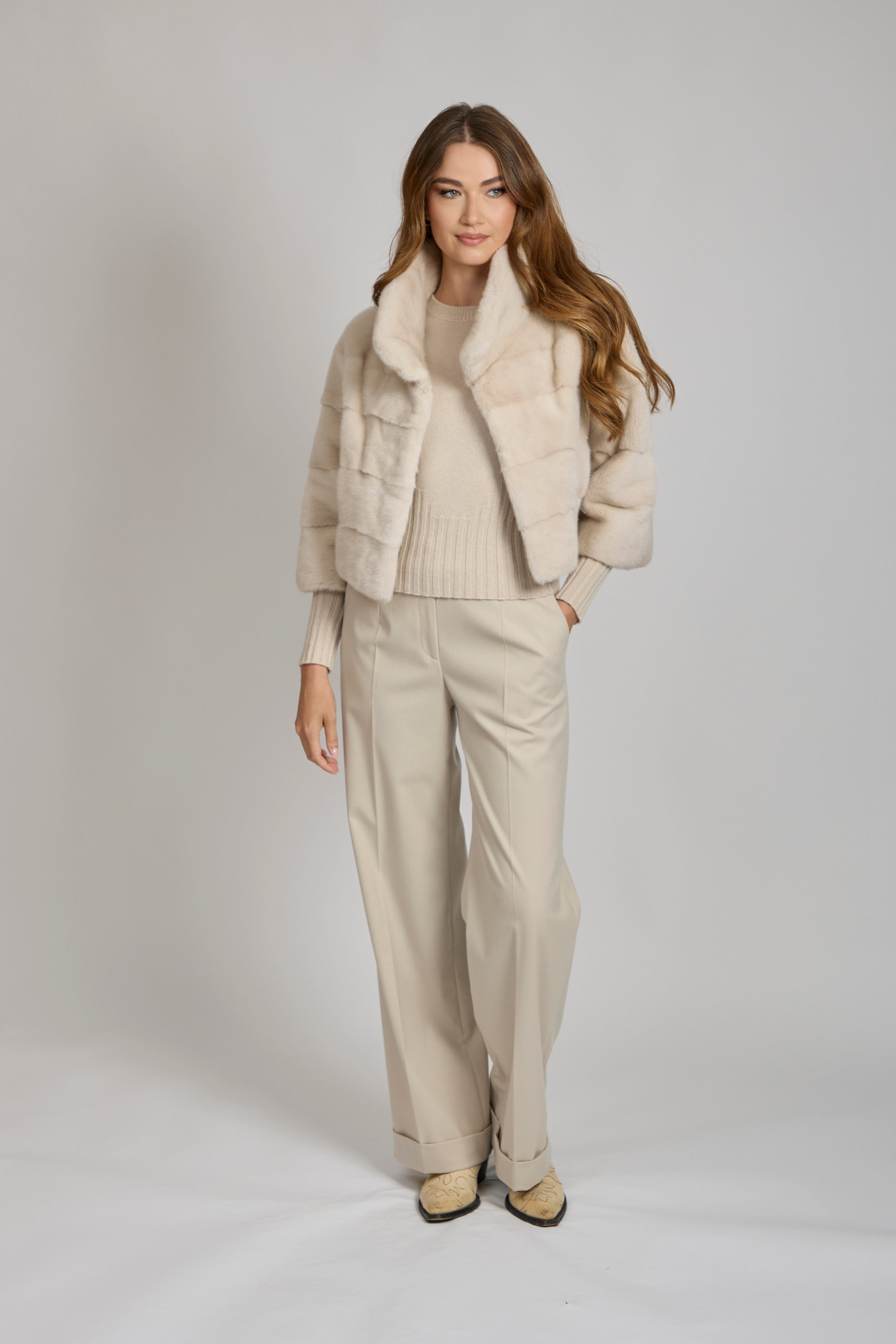 Divine Cashmere Pearl Mink bolero, cropped open-front with soft textured knit.