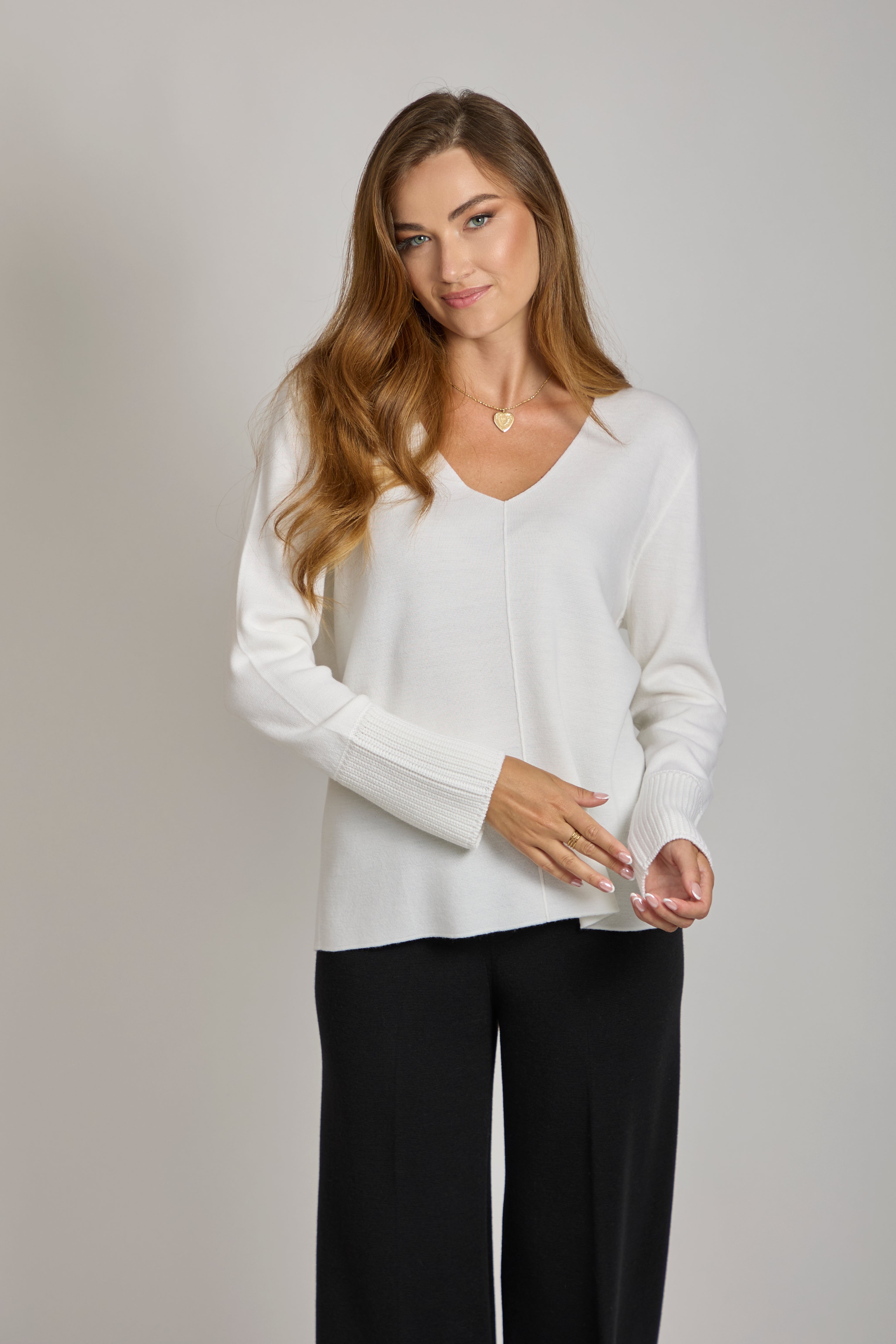 Divine Cashmere V-neck cashmere tunic sweater with relaxed fit and long sleeves