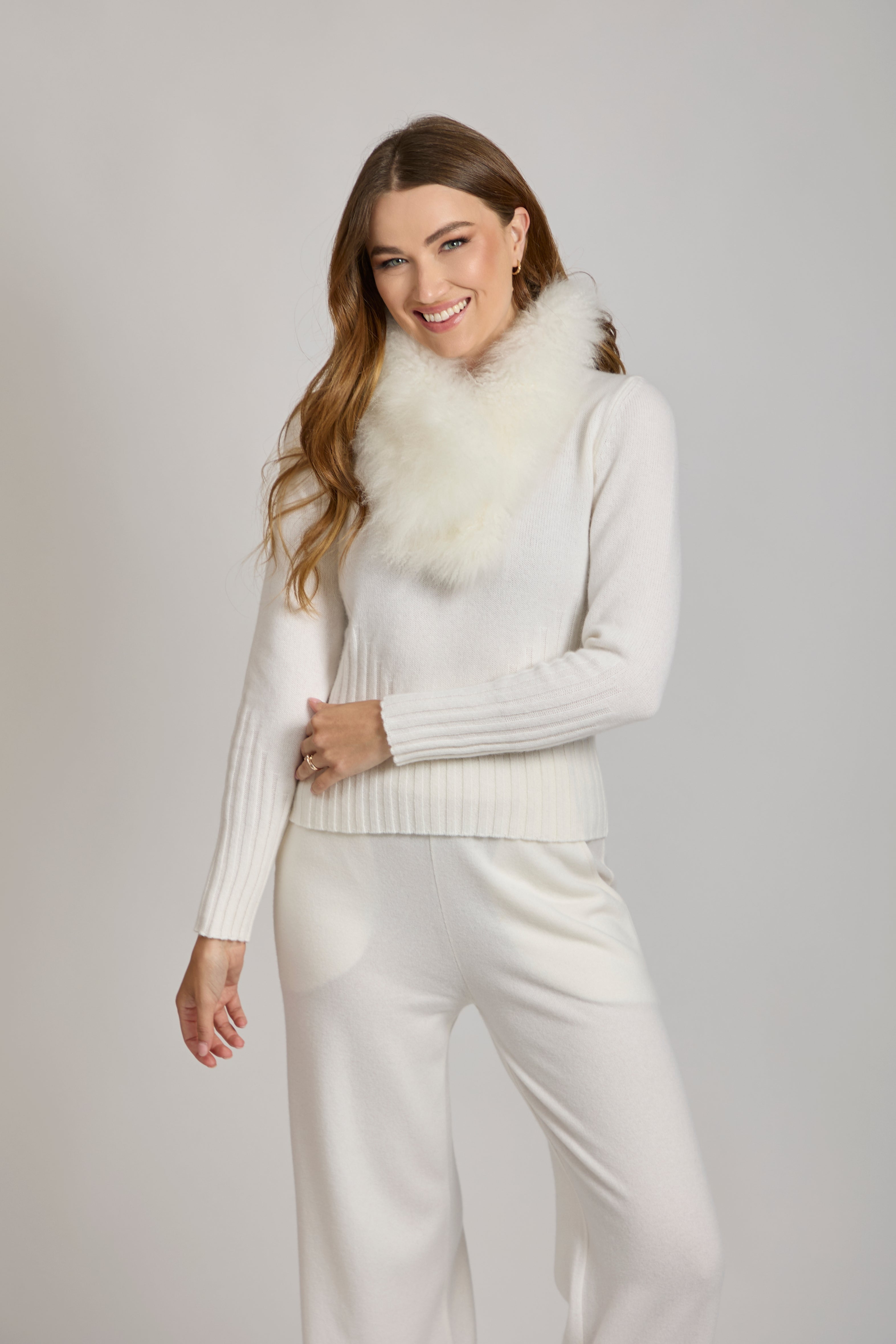 Divine Cashmere cashmere wrap scarf with soft drape and fringe ends, rectangular knit