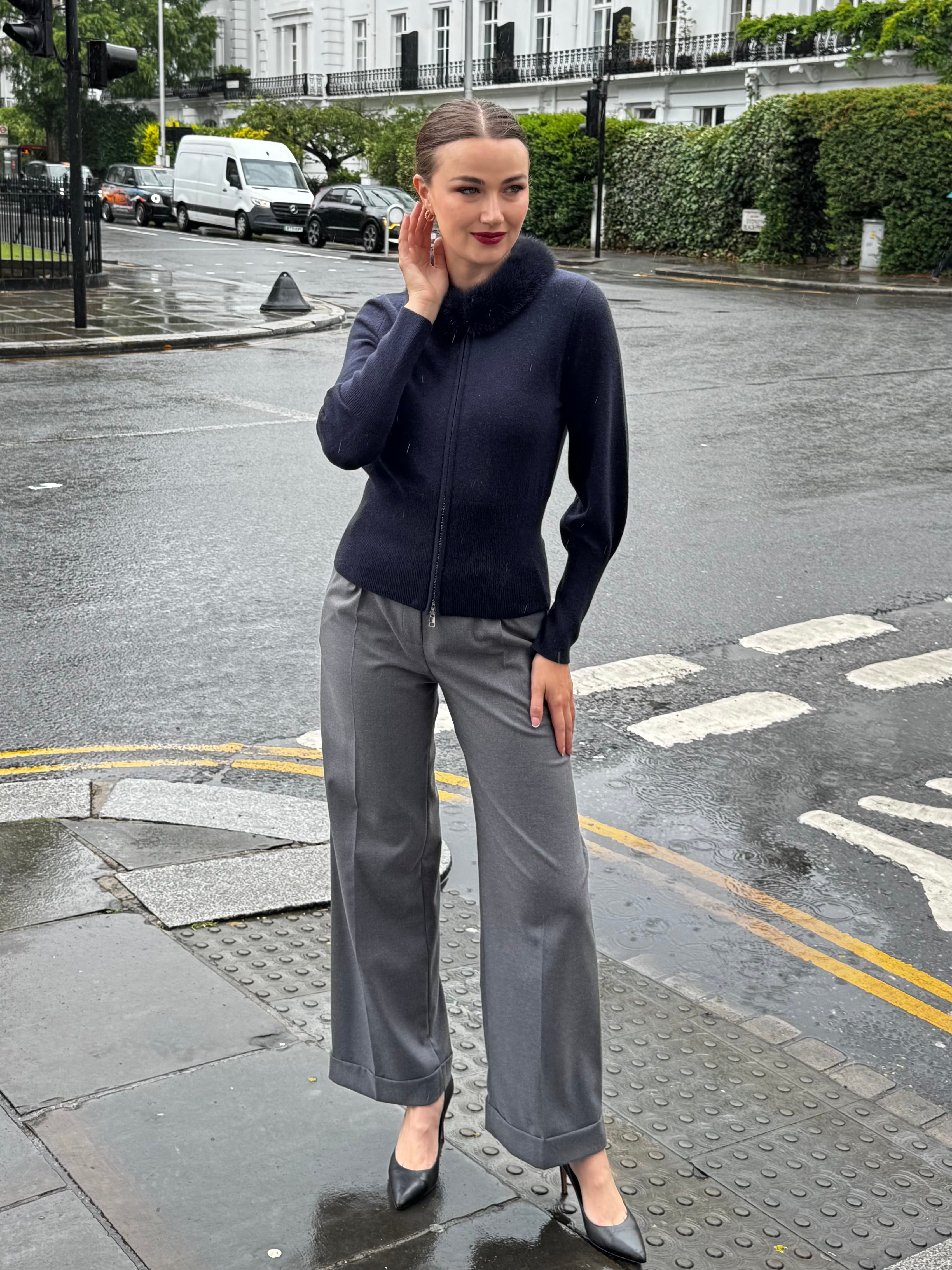 CASHMERE CARDIGAN WITH MINK COLLAR-NAVY