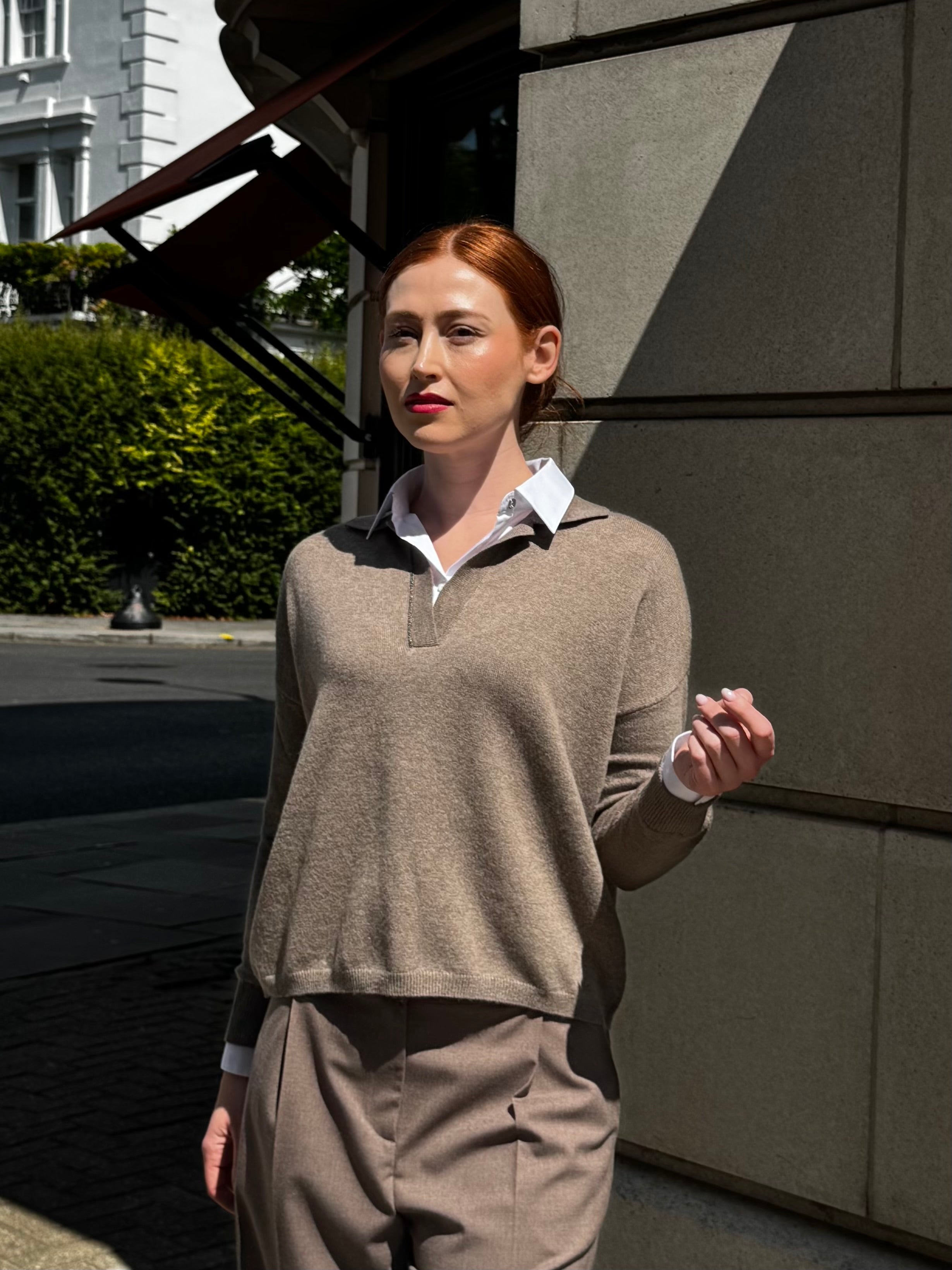 JUMPER WITH SHIRT COLLAR- NOCCIOLA