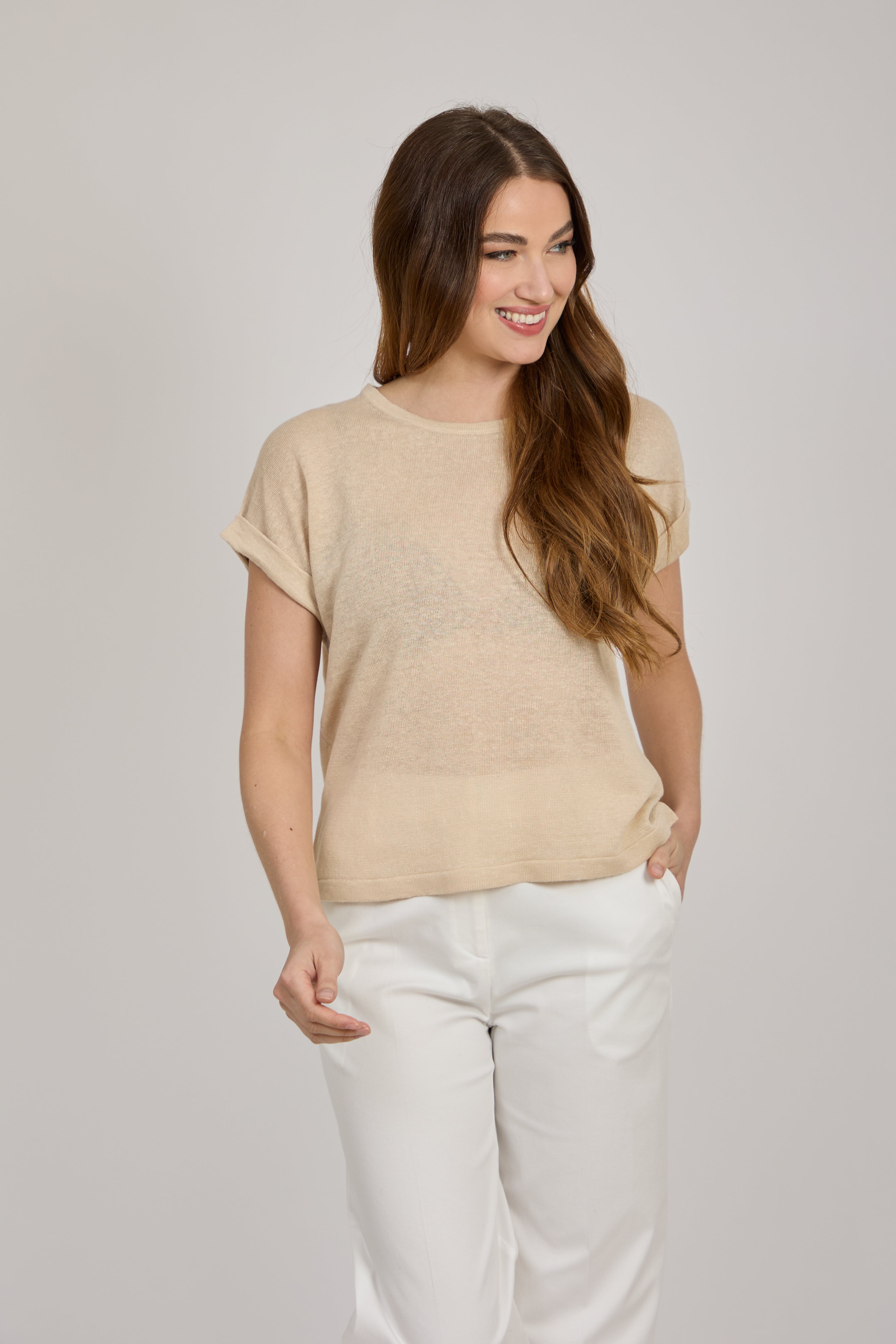 ROUND NECK LINEN TOP-WHEAT