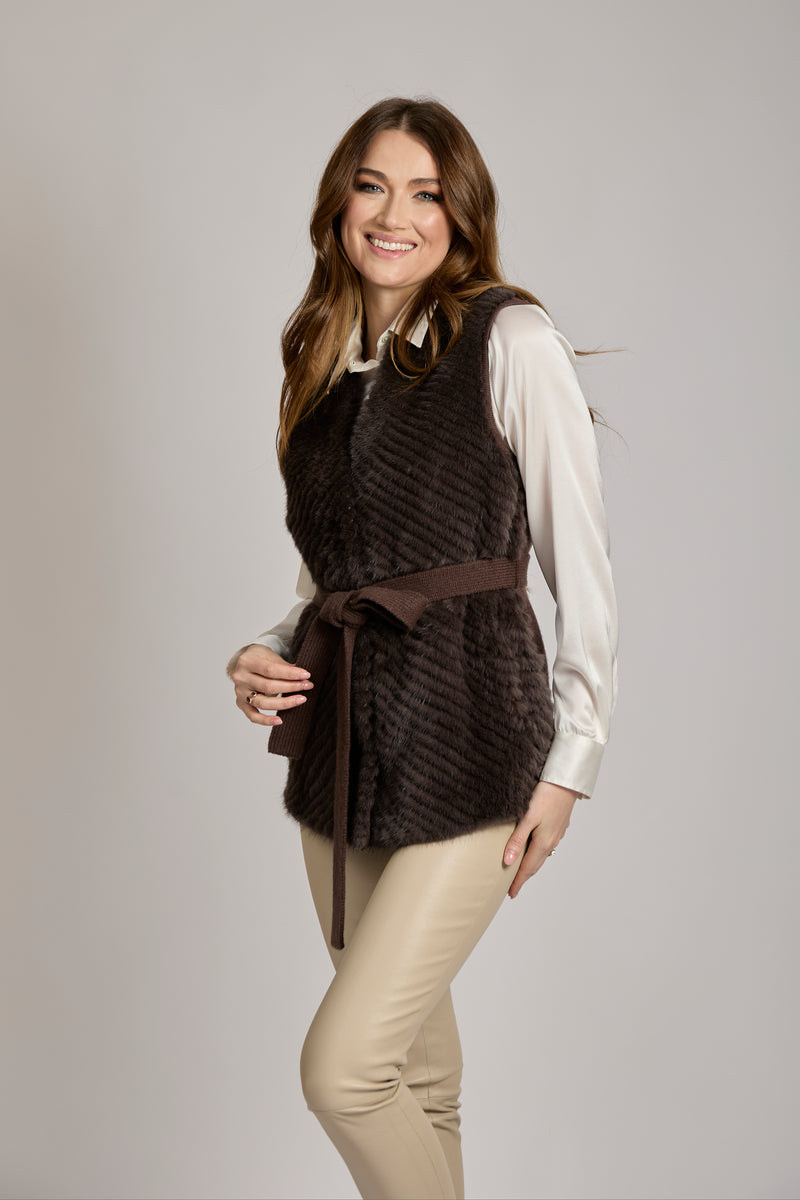 VEST WITH MINK - DARK BROWN