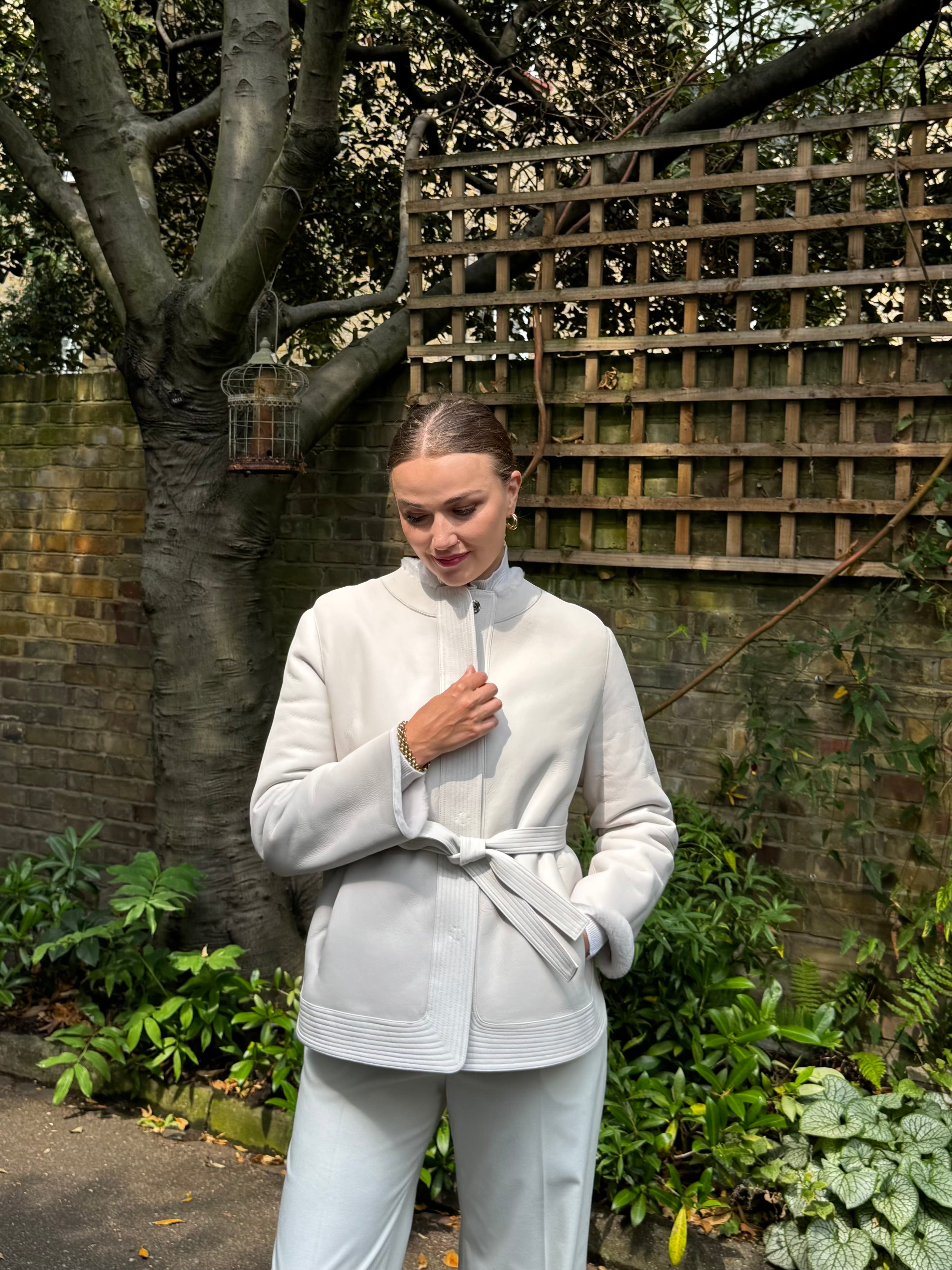REVERSIBLE BELTED SHEARLING JACKET- MILK
