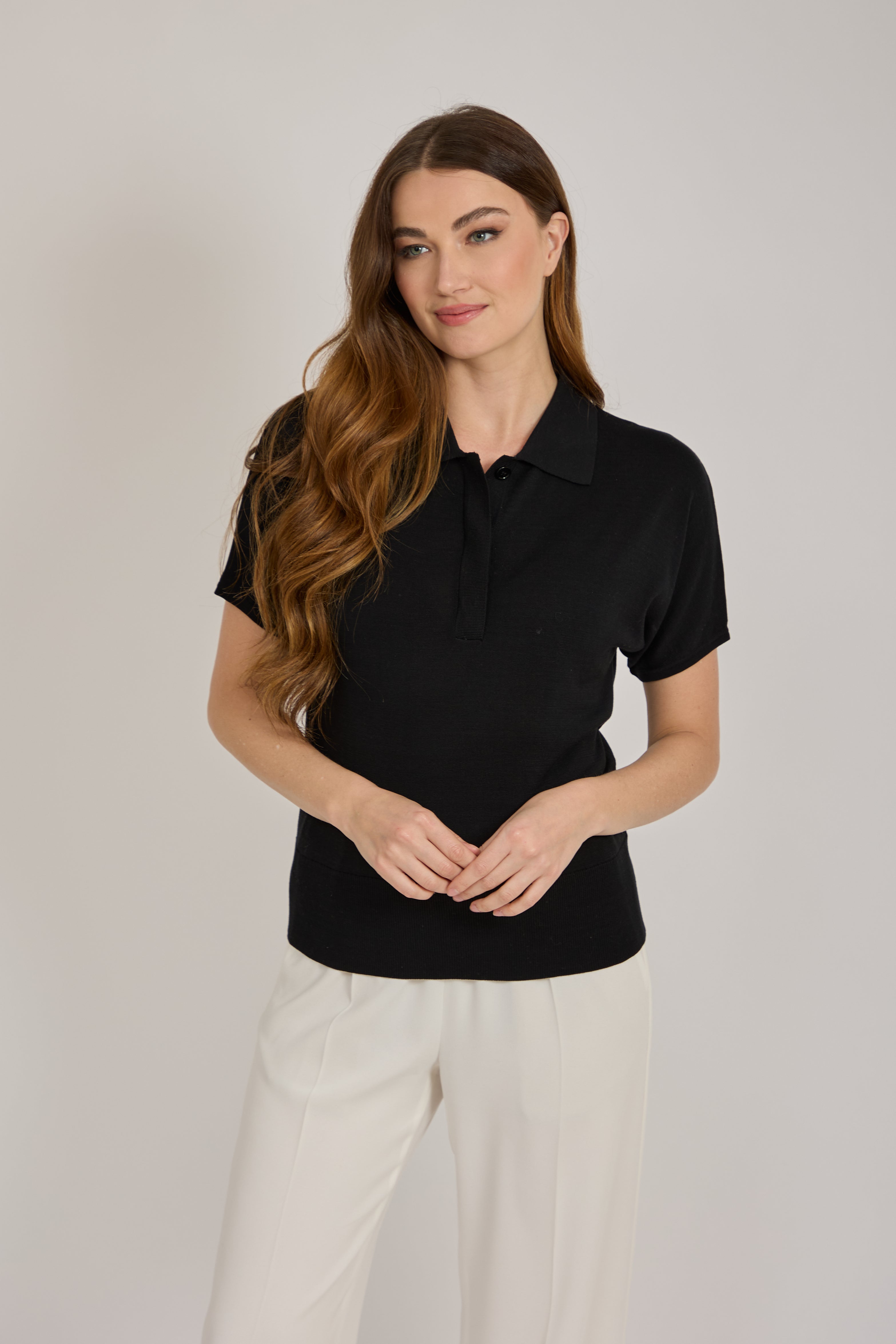 SHORT SLEEVE SILK  SWEATER -BLACK