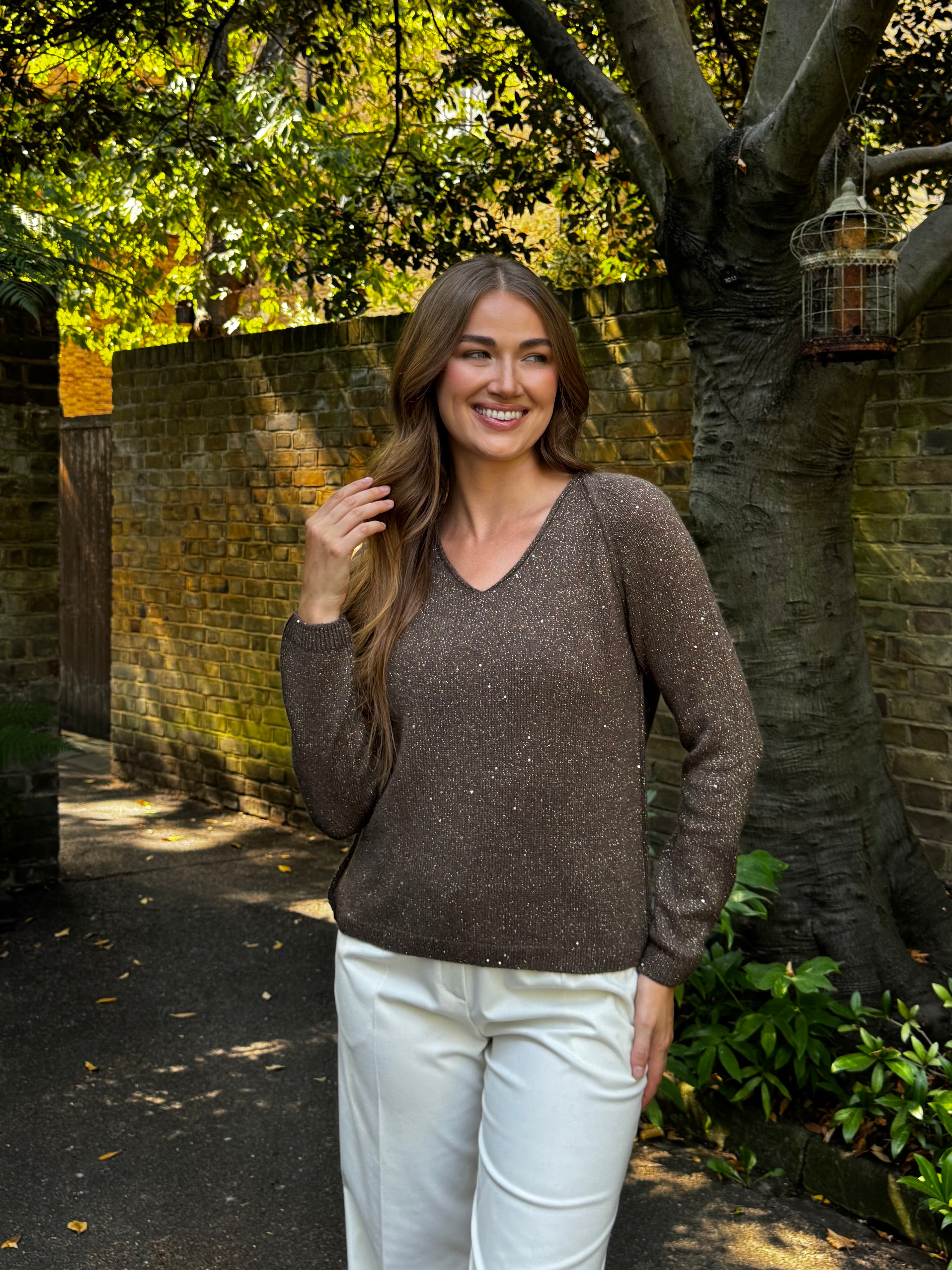 V NECK JUMPER WITH LUREX-BROWN