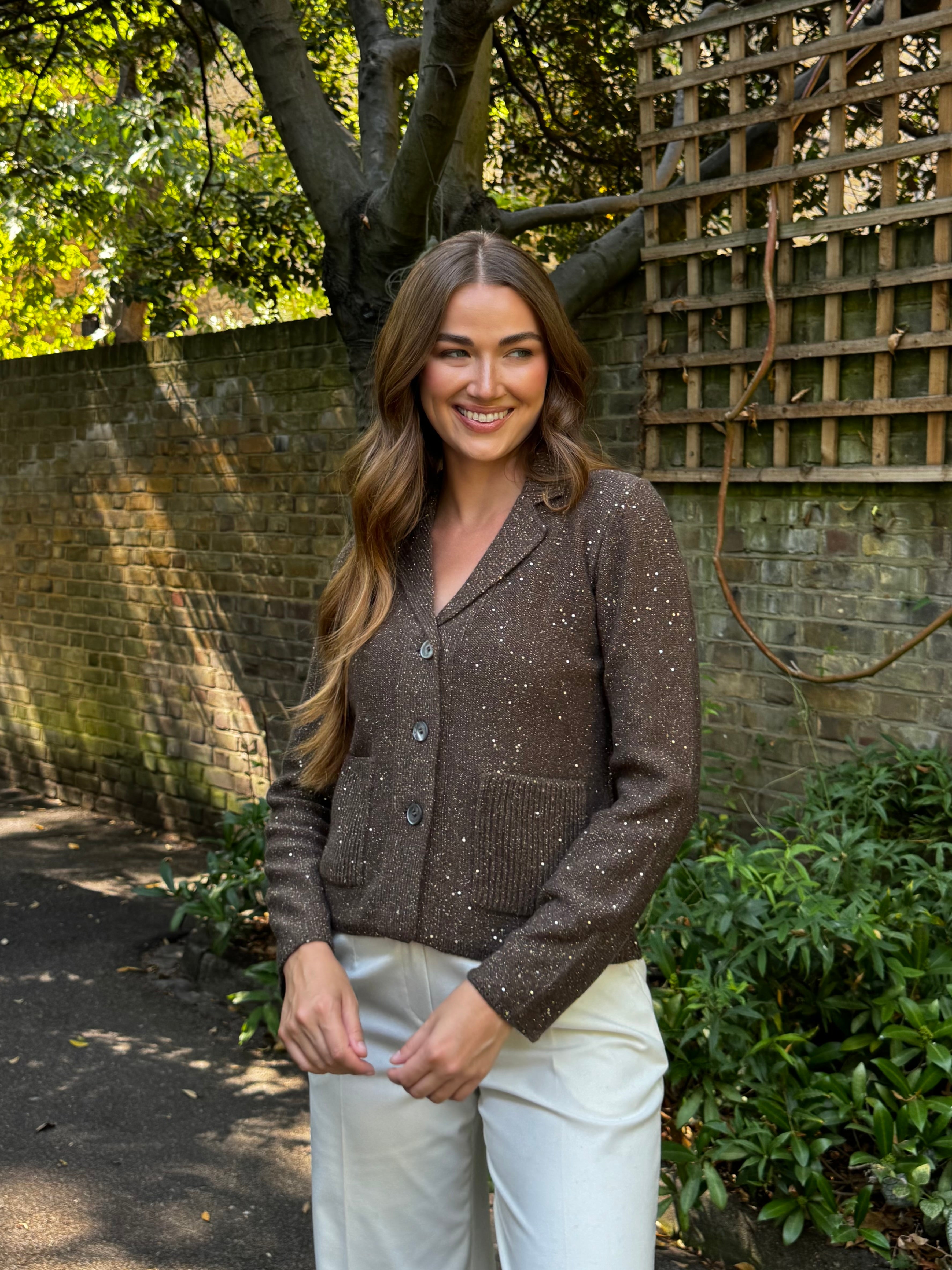 CARDIGAN WITH SEQUIN- BROWN