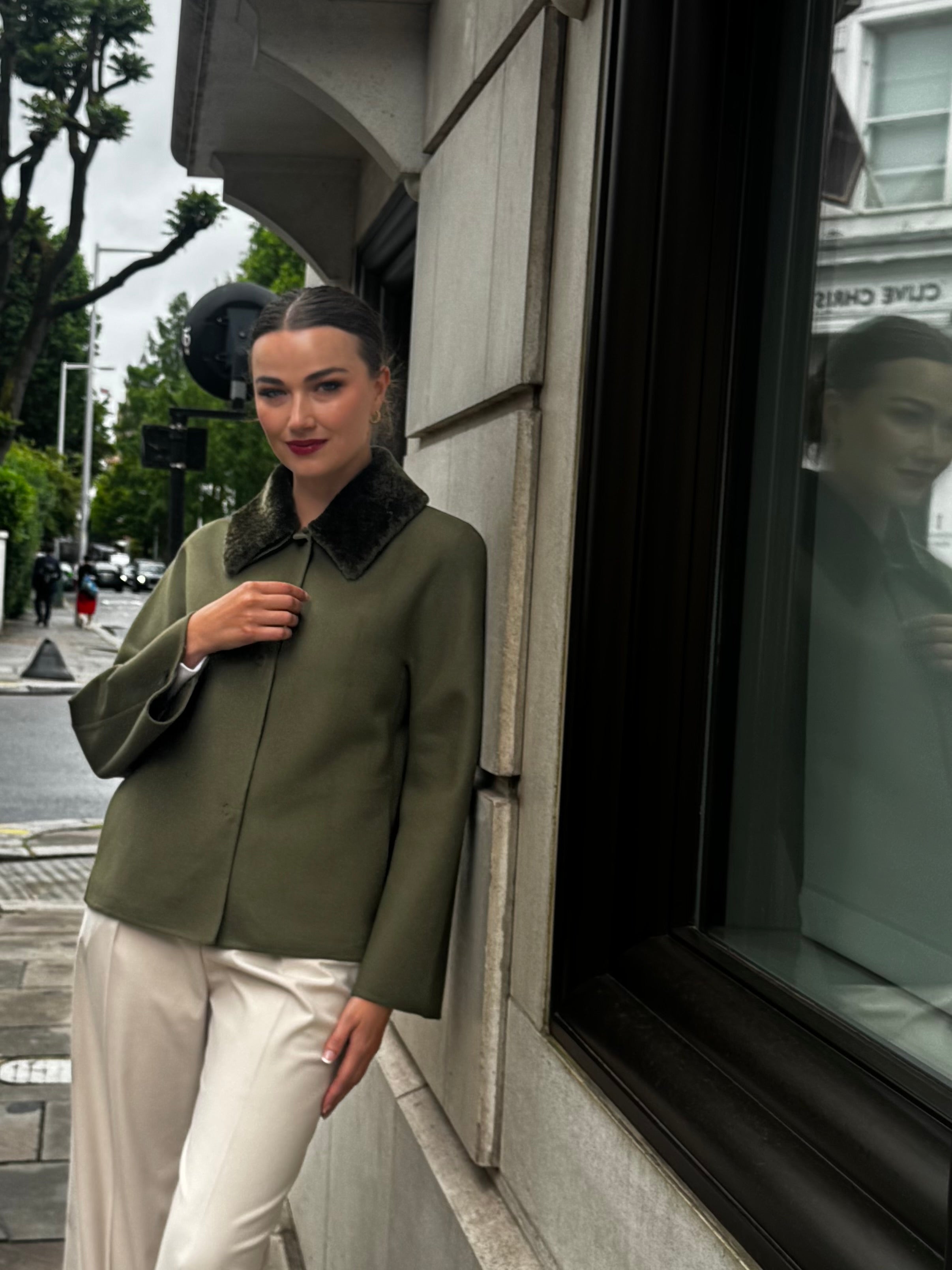SHORT JACKET WITH SHEARLING COLLAR-KAKI