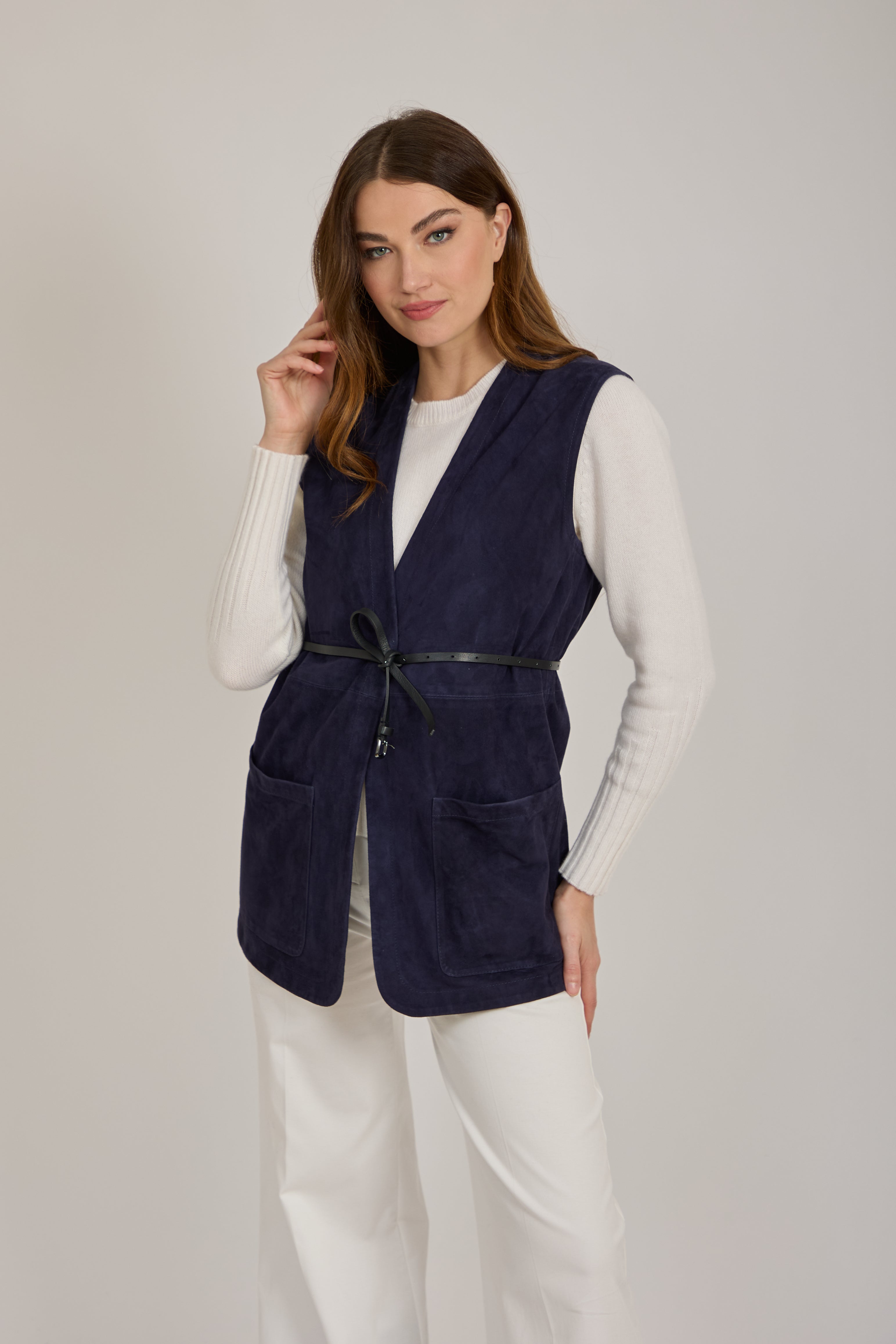 SUEDE VEST WITH BELT-BLUE