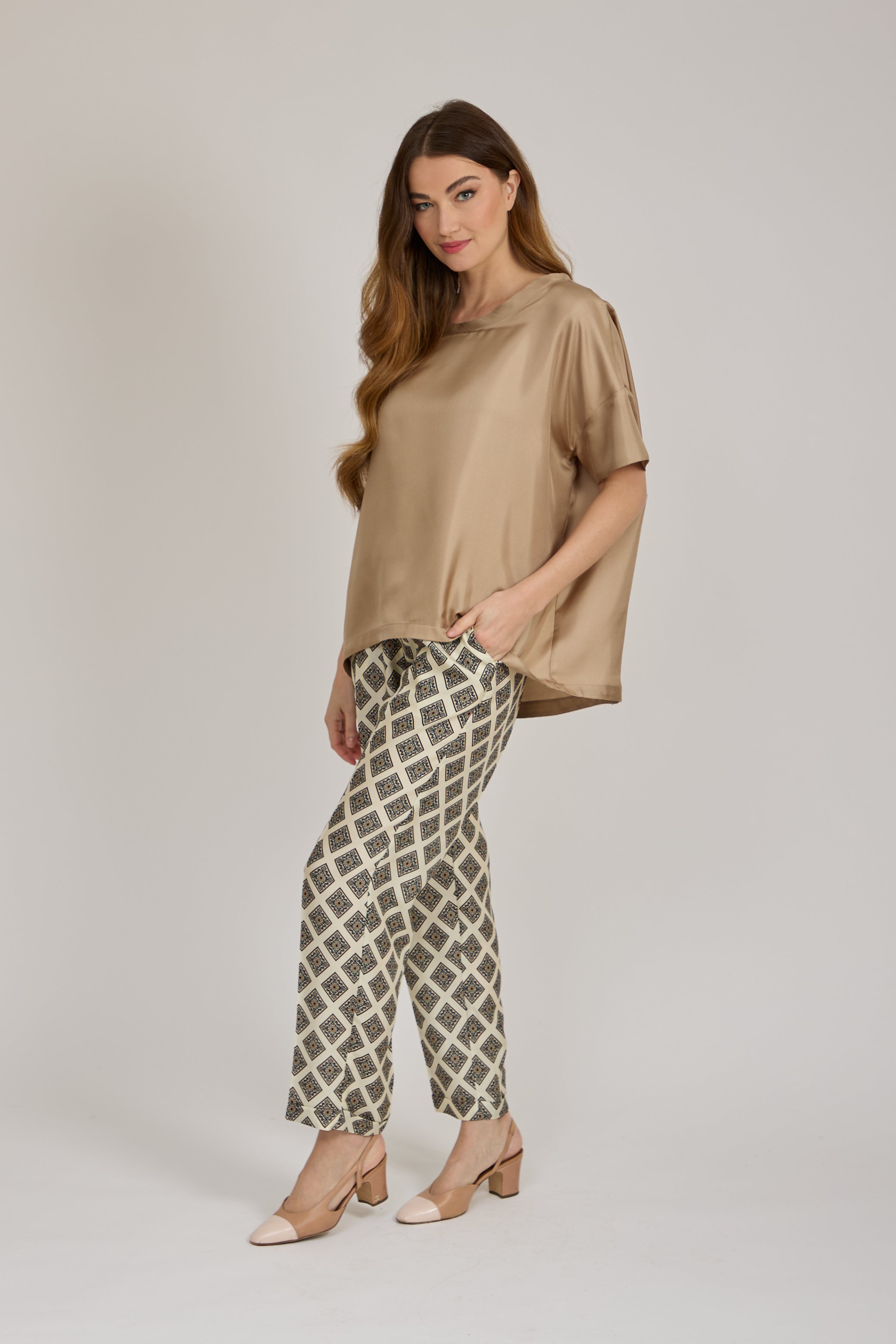 SILK PRINTED TROUSERS-ECRU