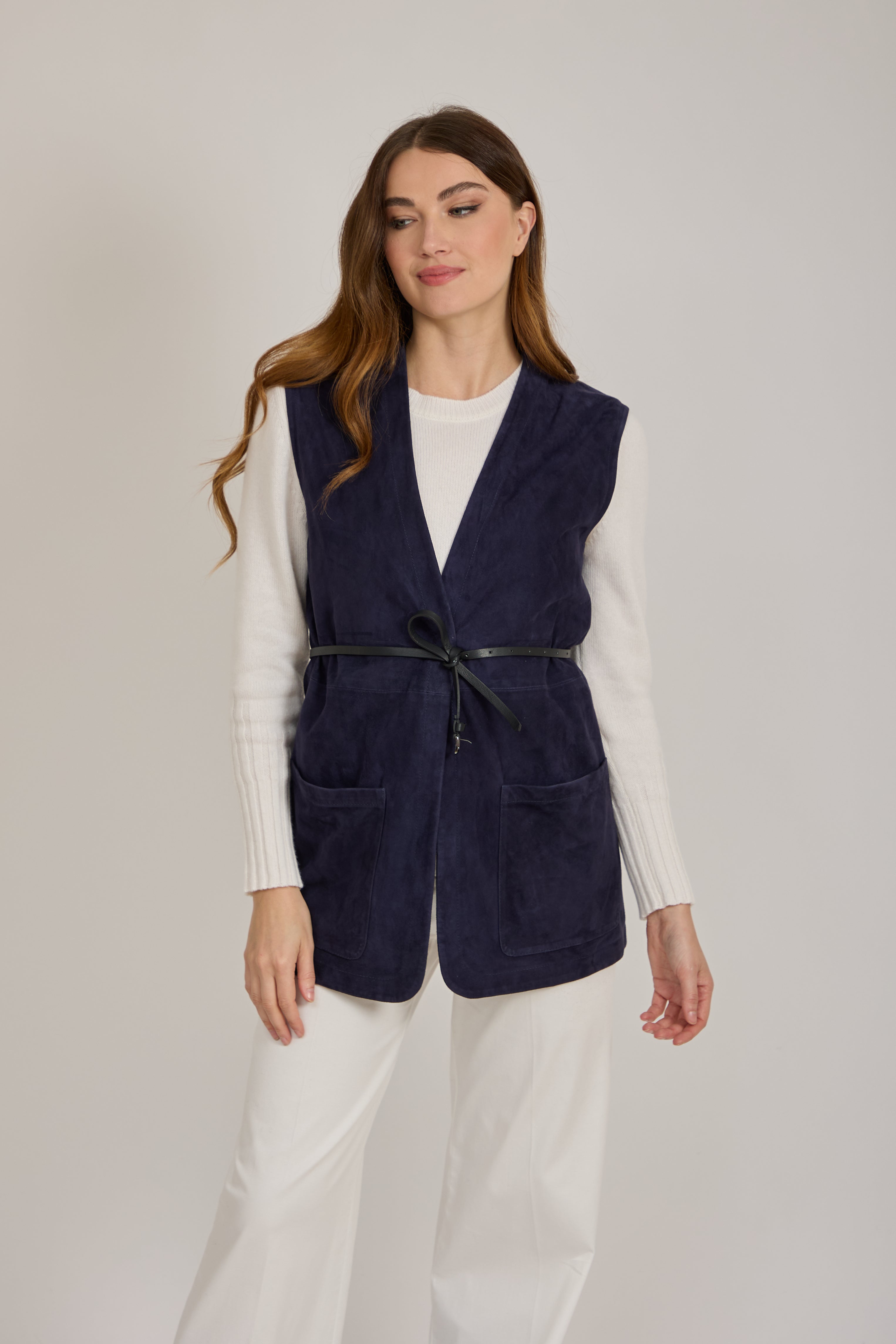 SUEDE VEST WITH BELT-BEIGE