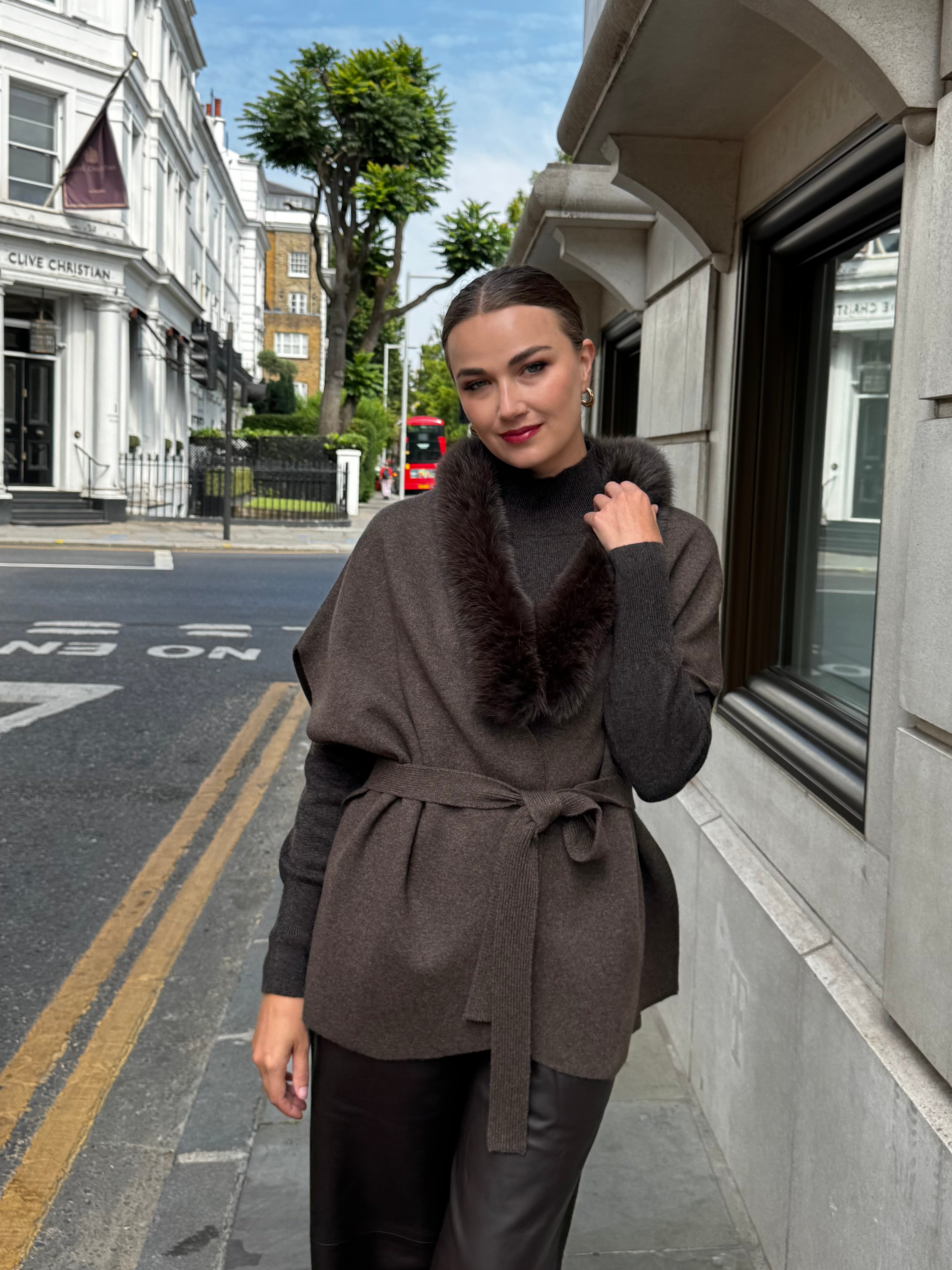 CARDIGAN WITH FOX FUR DETAILS-MARRON