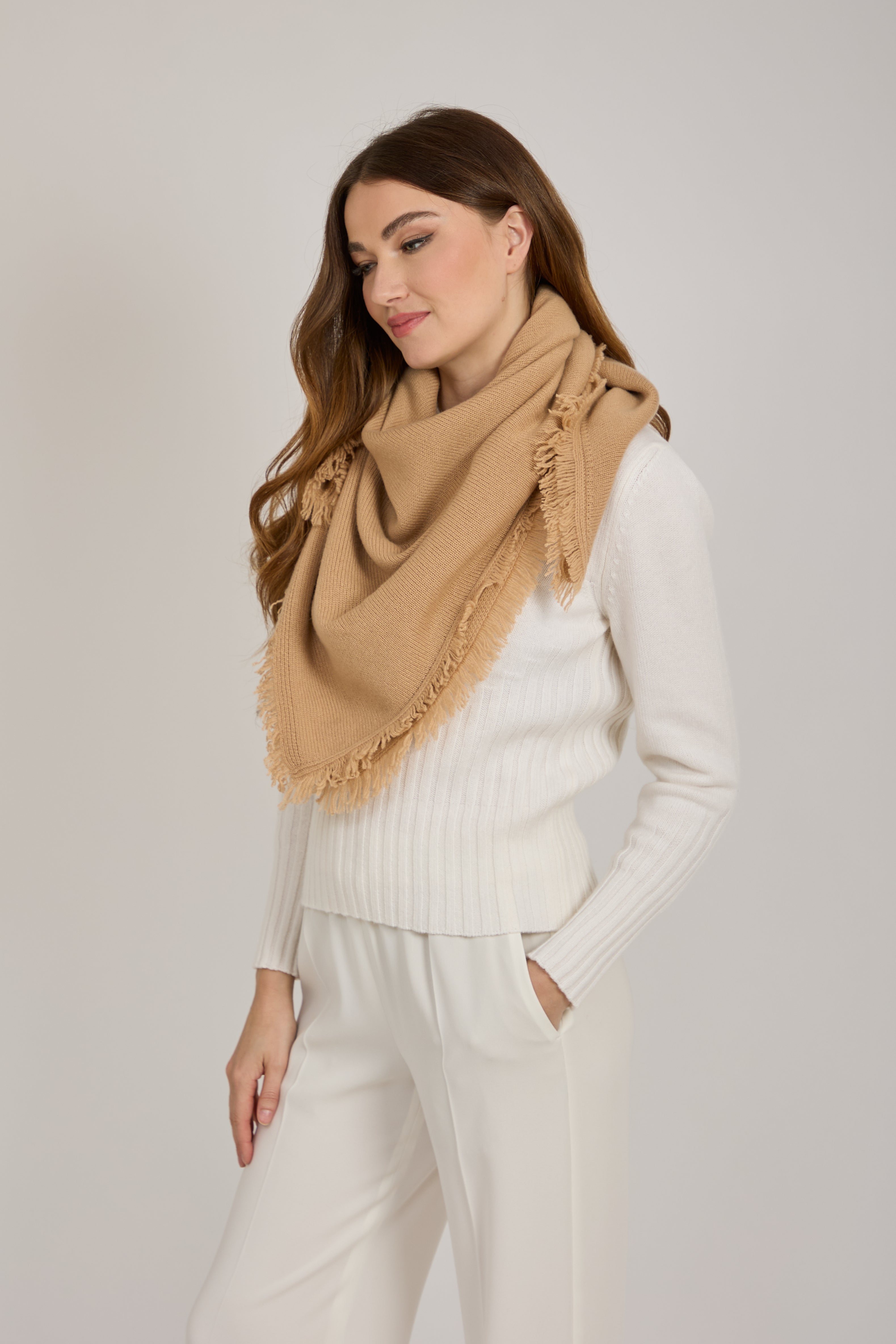 CASHMERE FRINGE SCARF-CAMEL