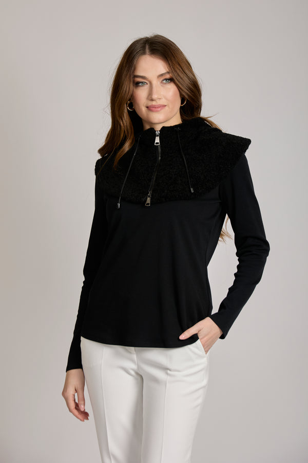 SHEARLING COLLAR WITH HOOD-BLACK