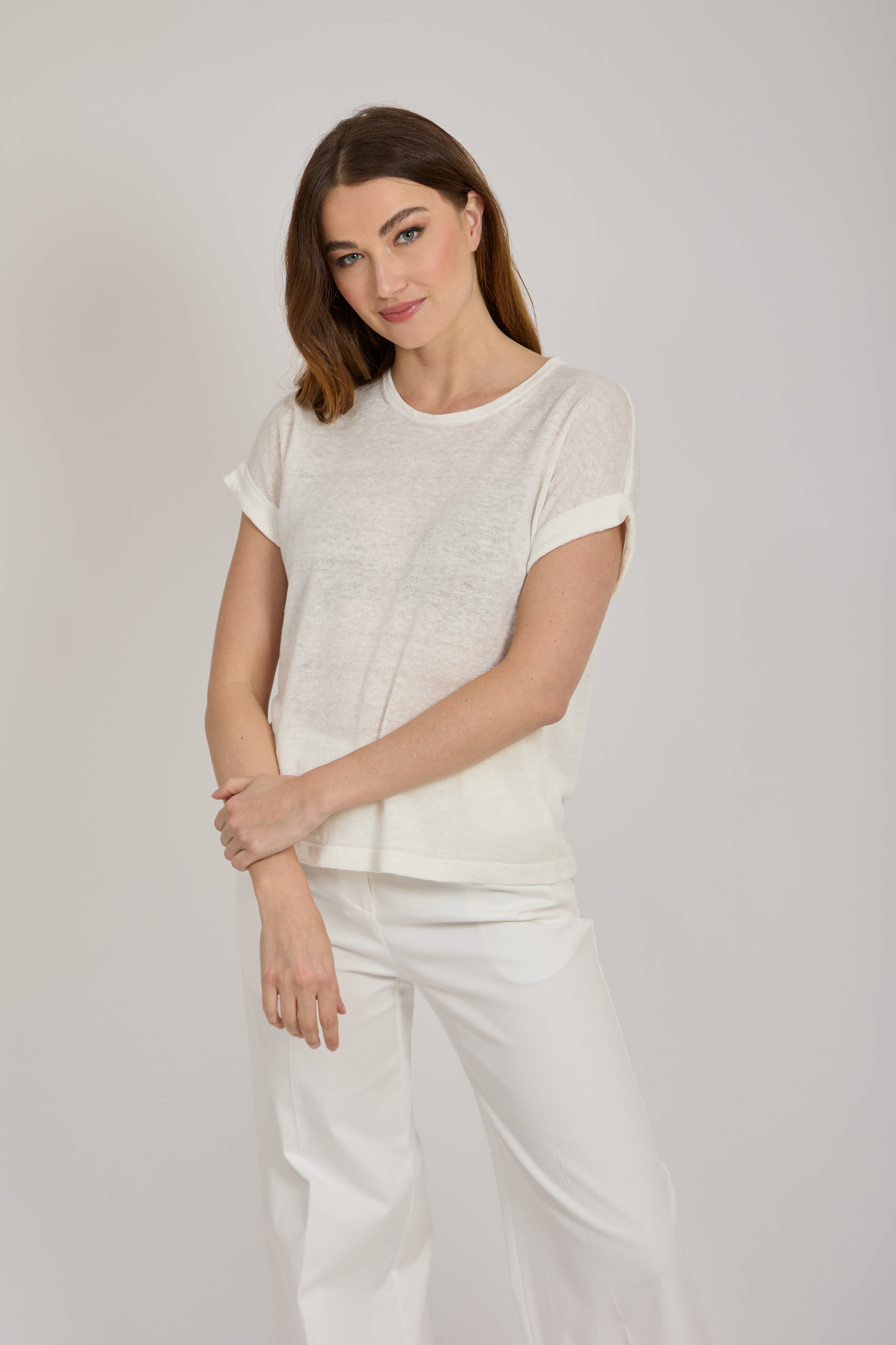 ROUND NECK LINEN TOP-WHITE