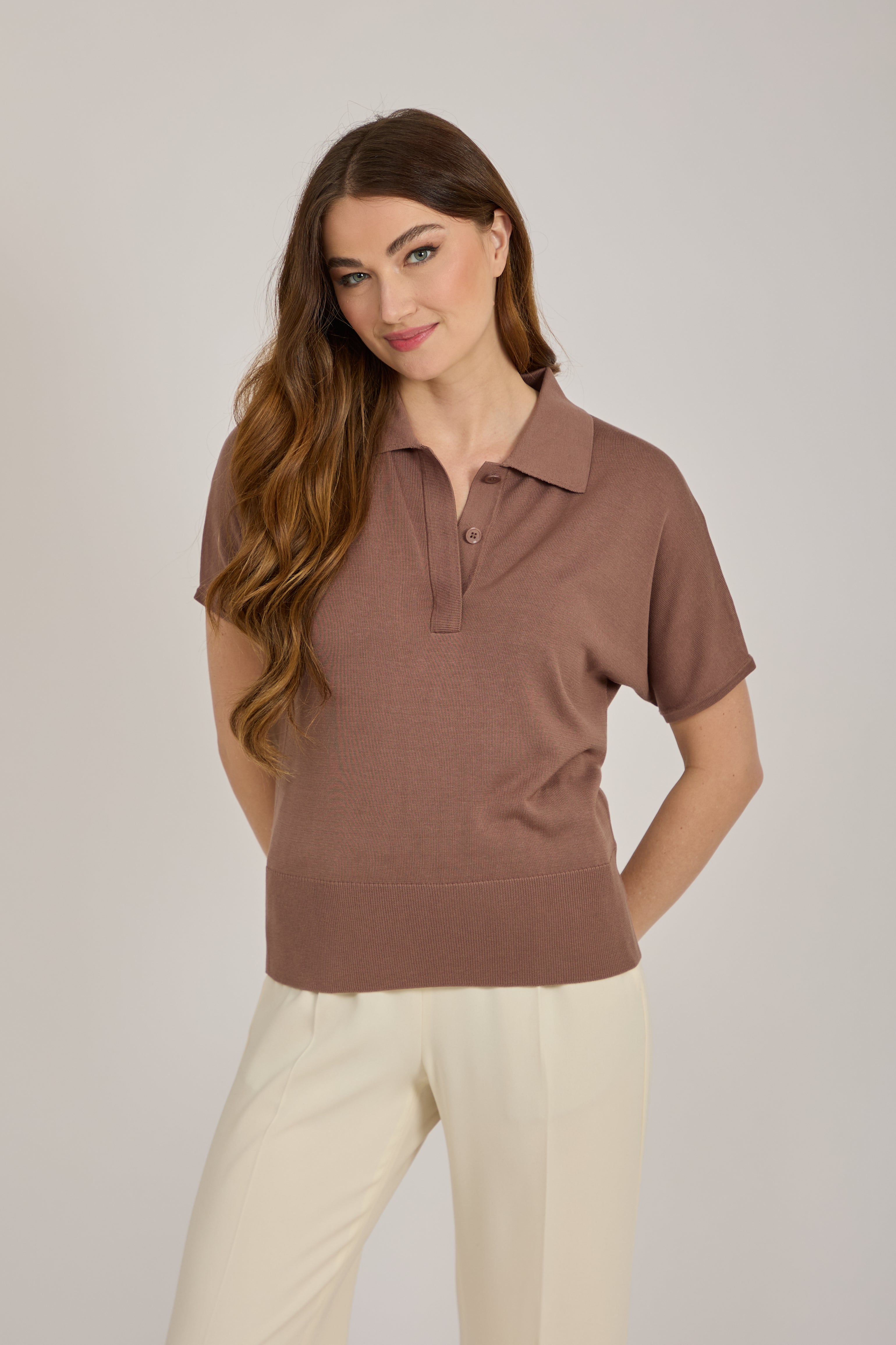 SILK POLO SWEATER WITH  SHORT SLEEVES-MOKA