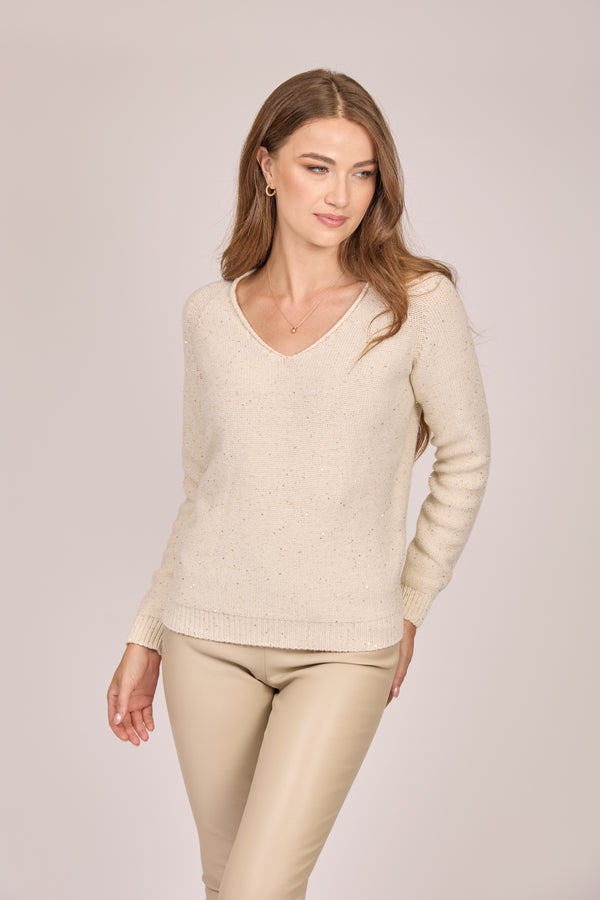 V NECK JUMPER PAILLETTES-WHITE