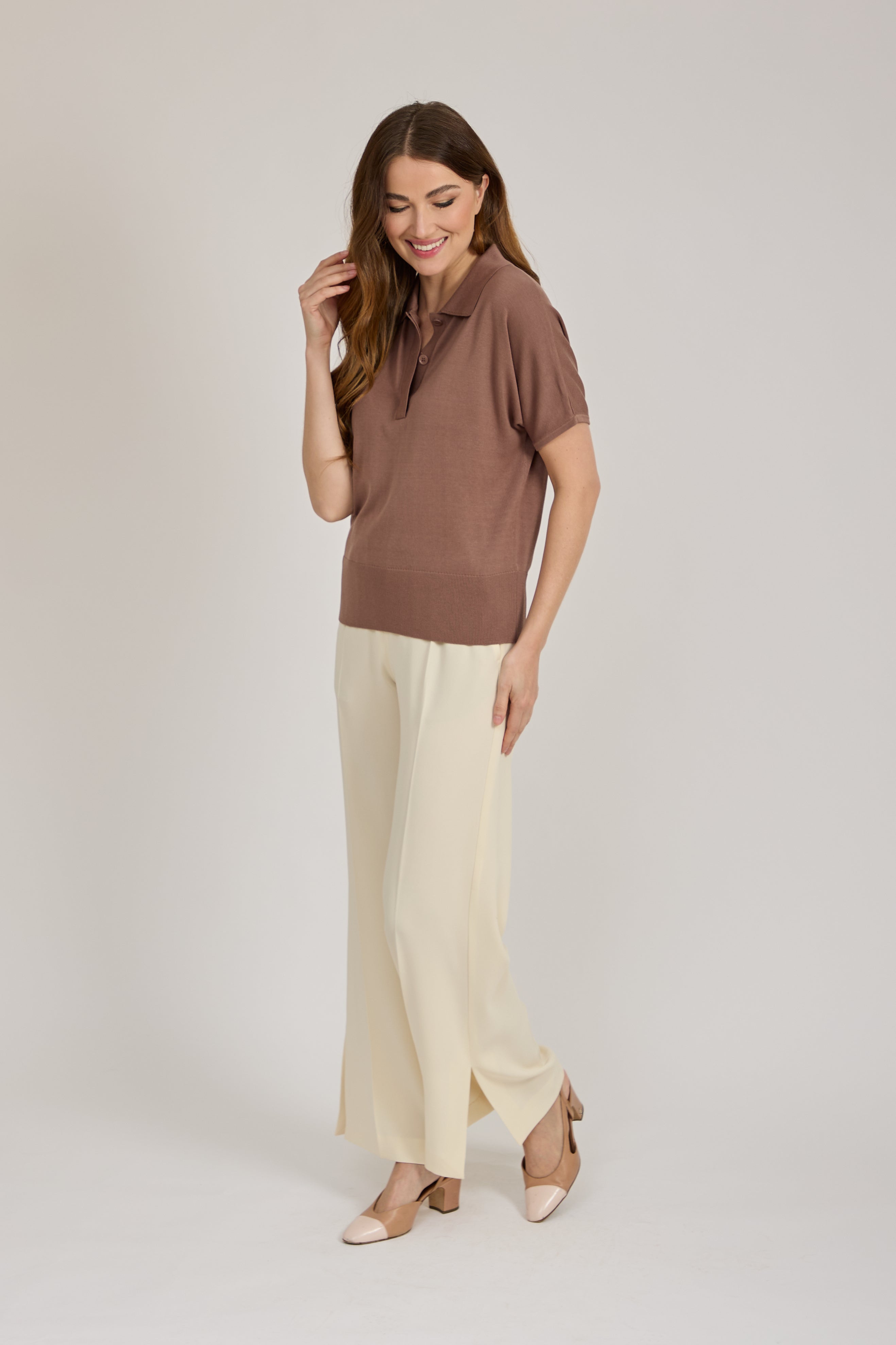 SILK POLO SWEATER WITH  SHORT SLEEVES-MOKA