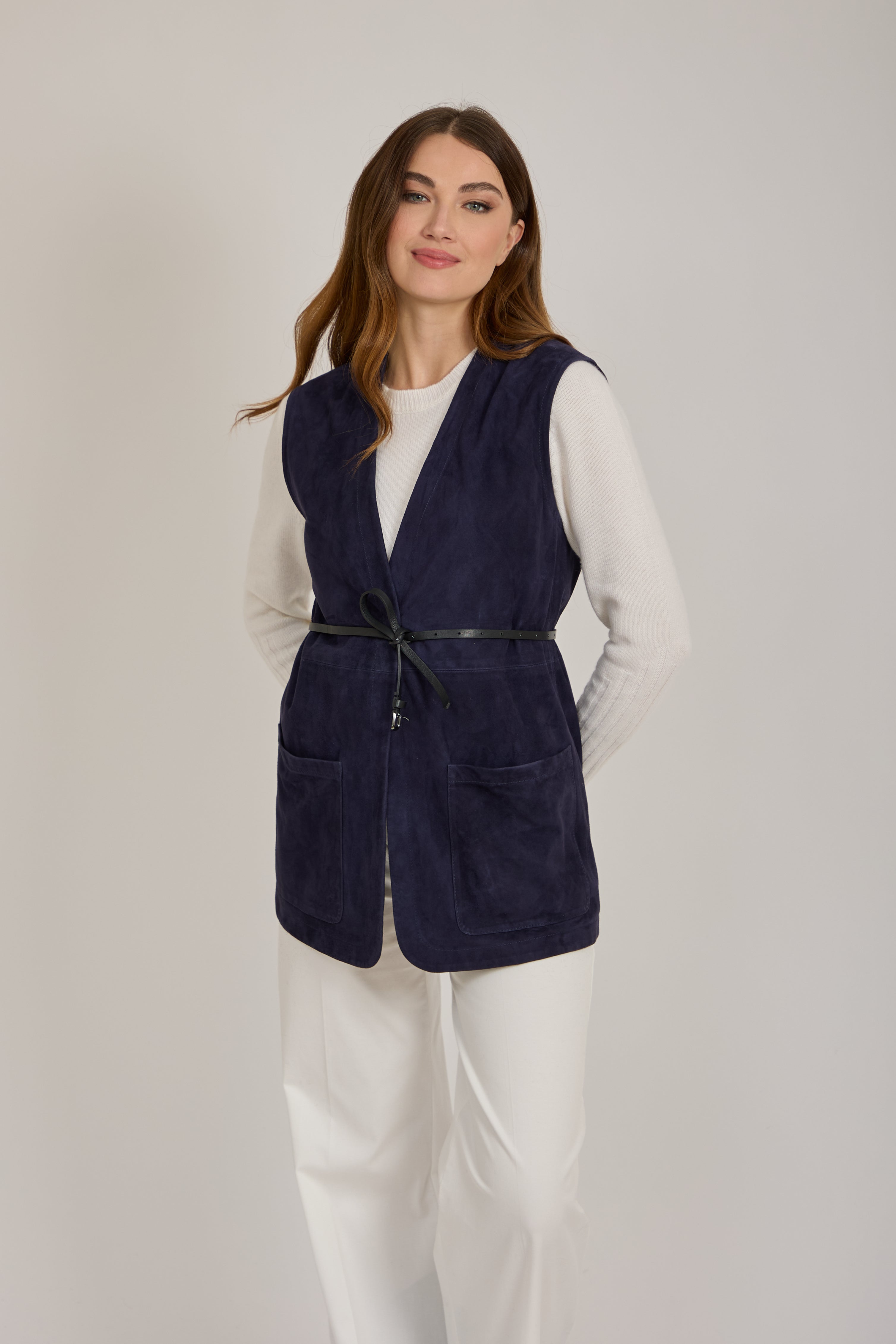 SUEDE VEST WITH BELT-BLUE