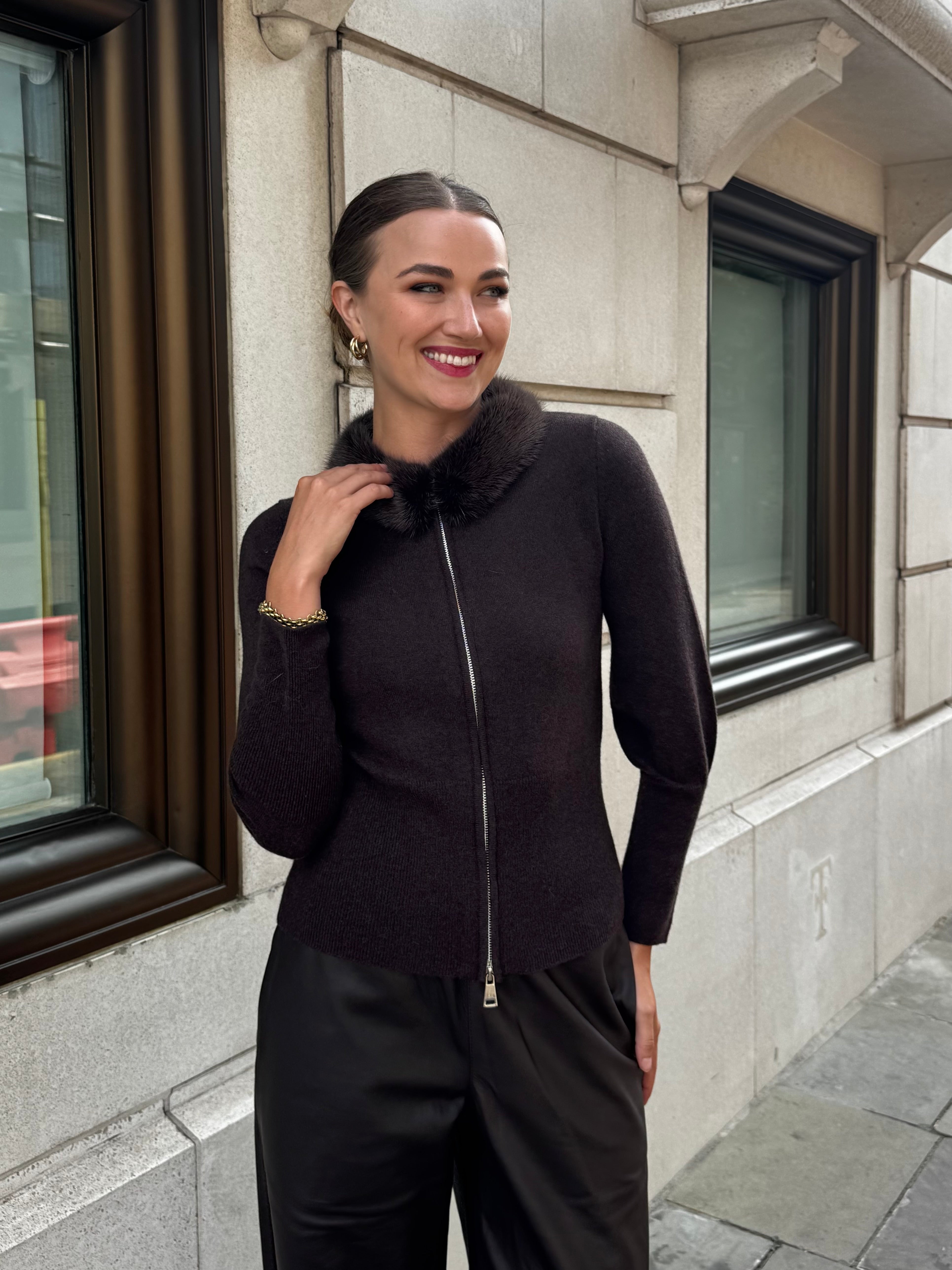 CASHMERE CARDIGAN WITH MINK COLLAR-DARK BROWN