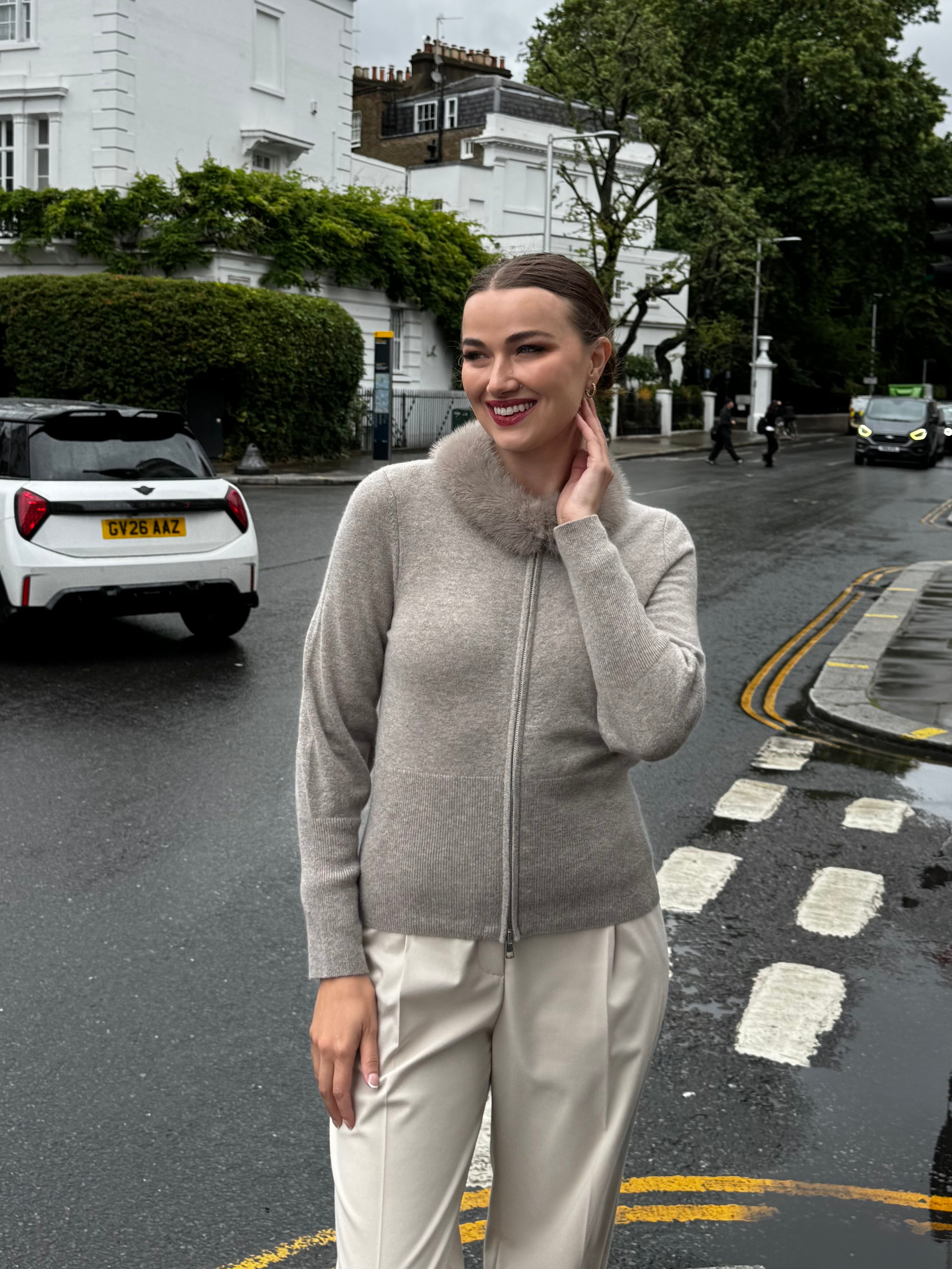 CASHMERE CARDIGAN WITH MINK COLLAR-TAUPE
