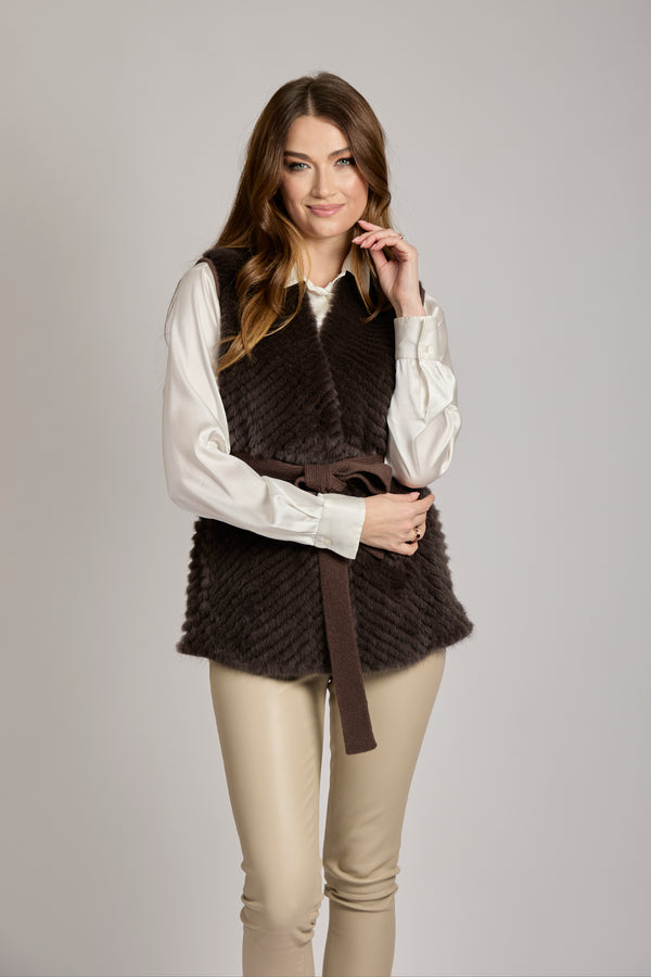 VEST WITH MINK - DARK BROWN