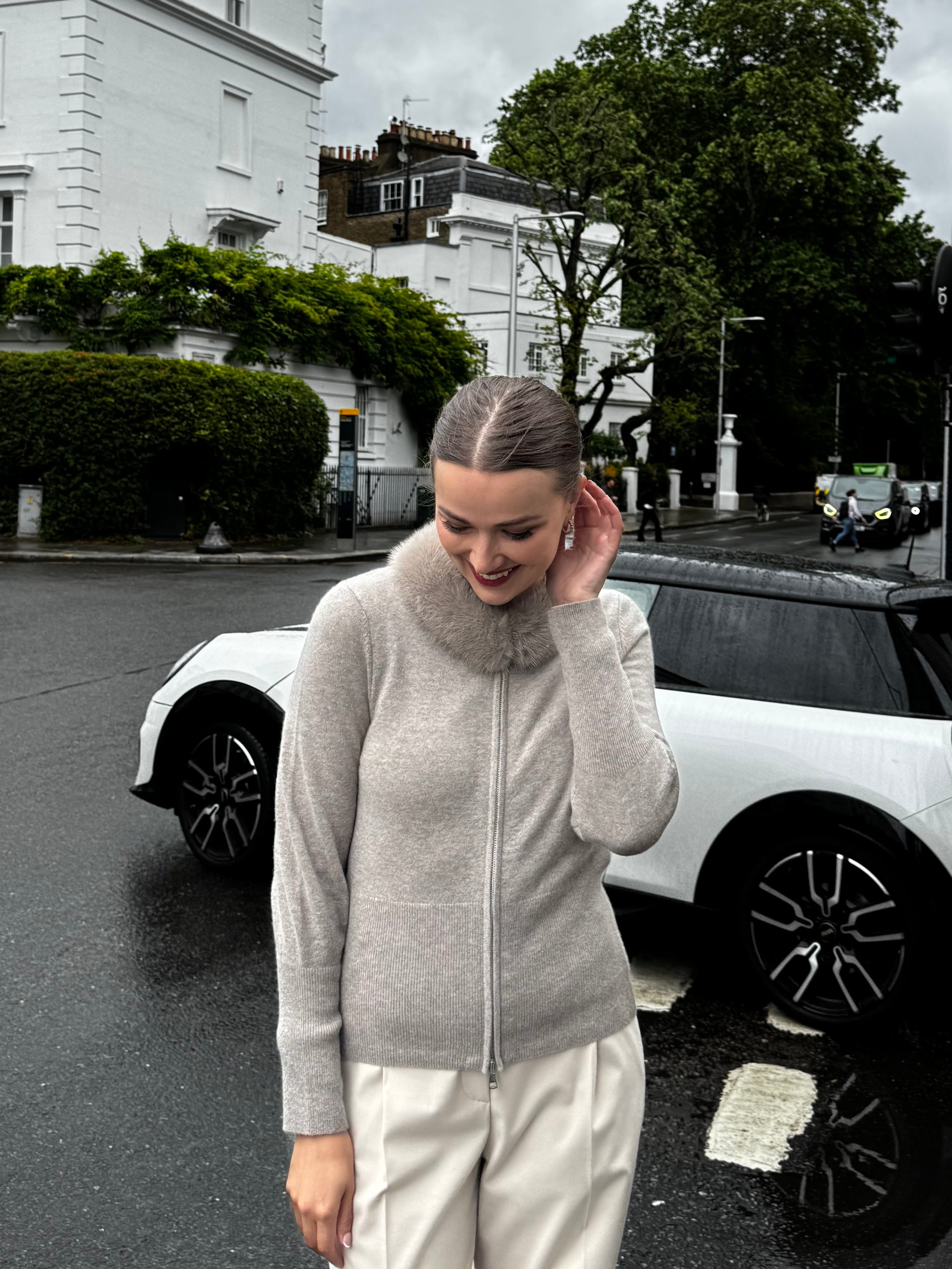 CASHMERE CARDIGAN WITH MINK COLLAR-TAUPE