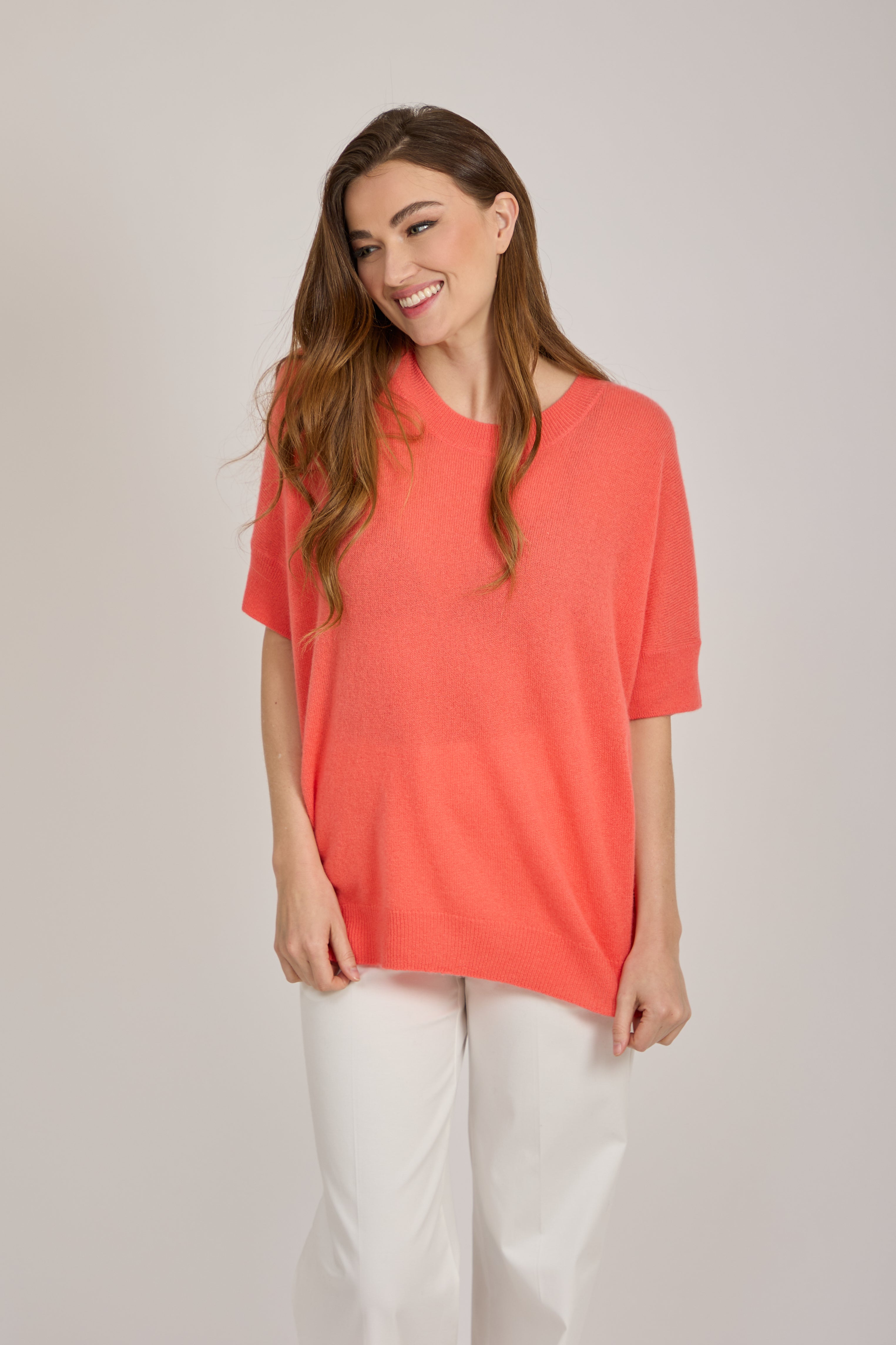 CREW NECK CASHMERE JUMPER-CORAL