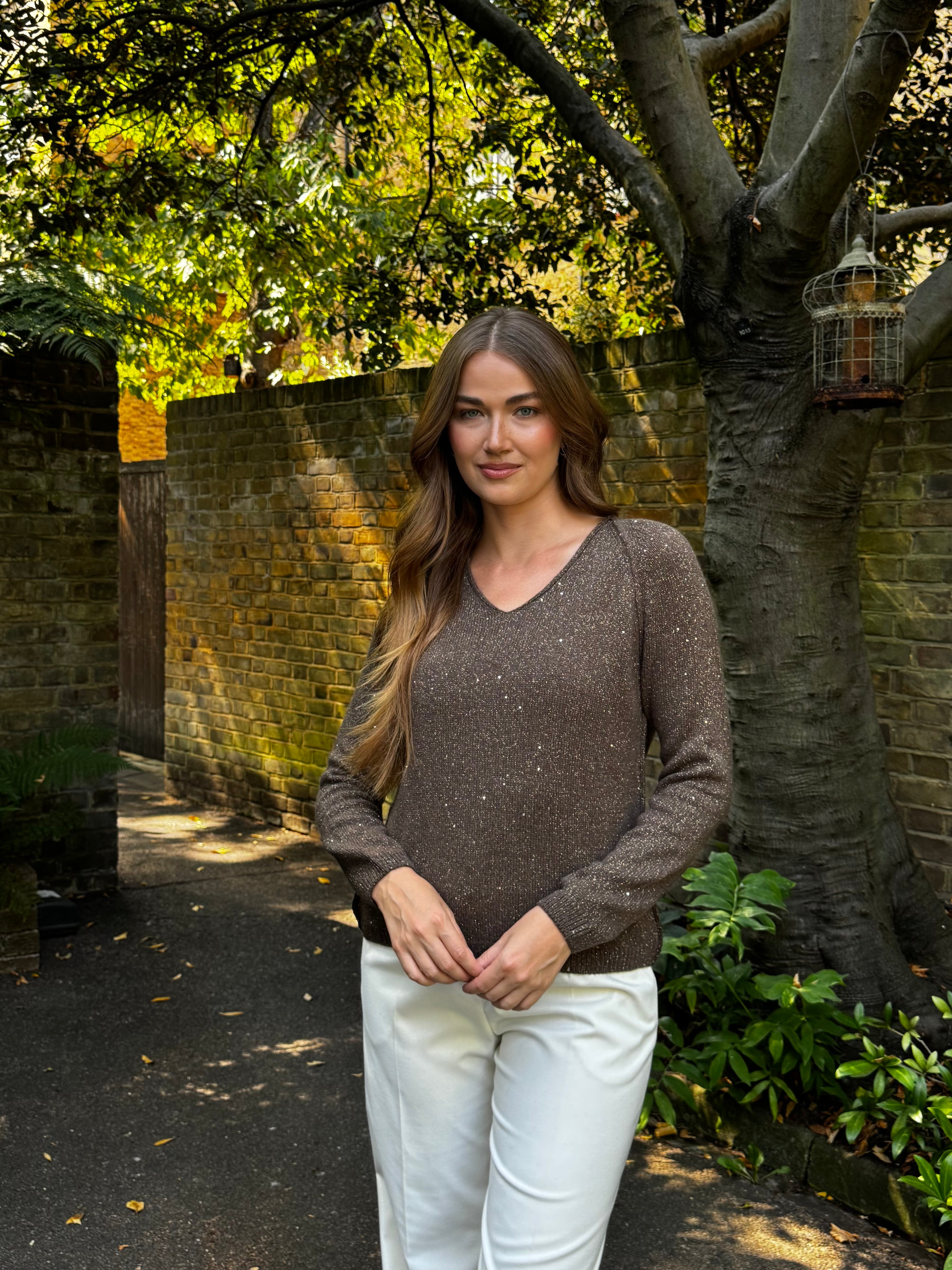 V NECK JUMPER WITH LUREX-BROWN