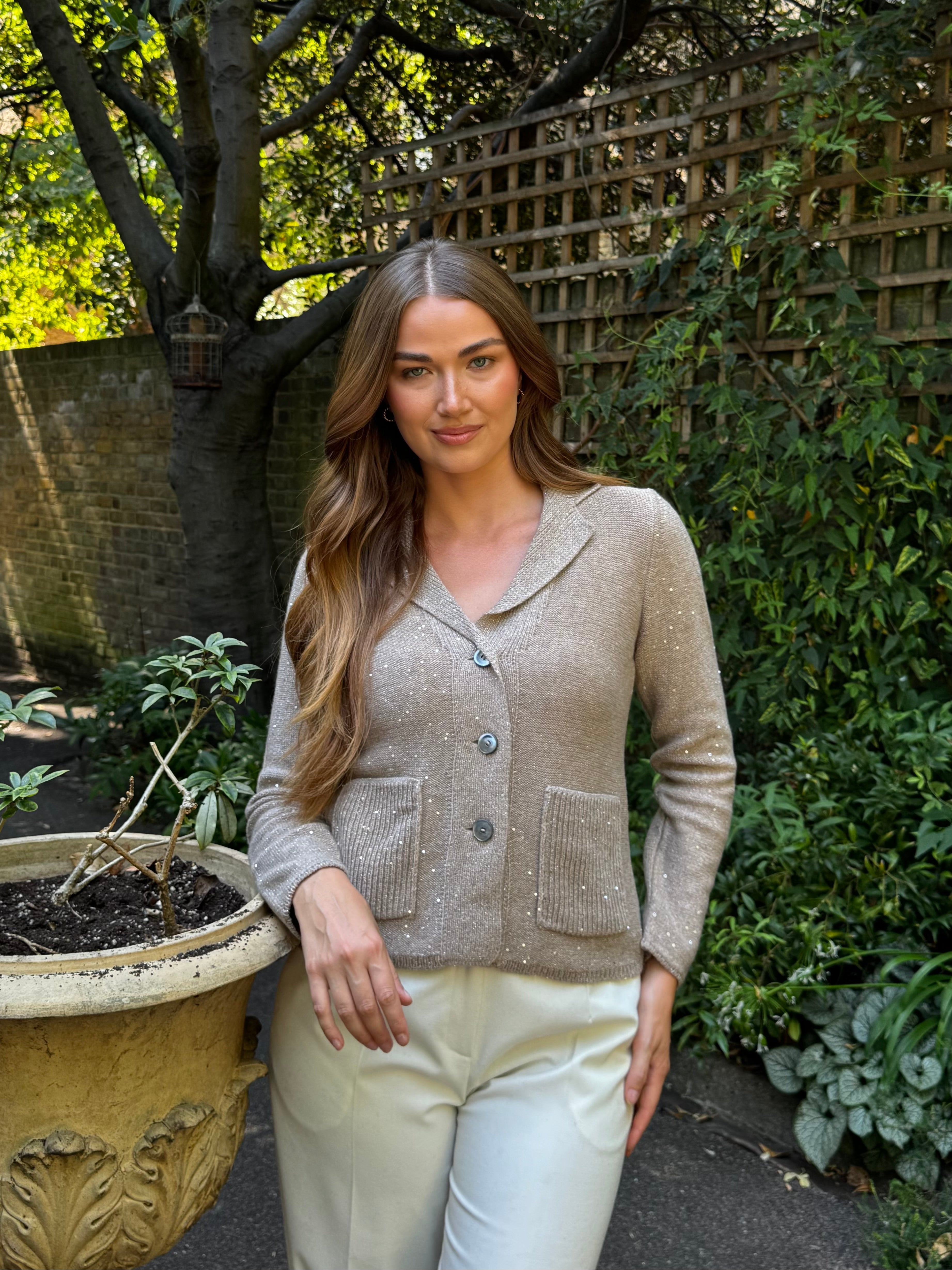 CARDIGAN WITH SEQUIN -TAUPE