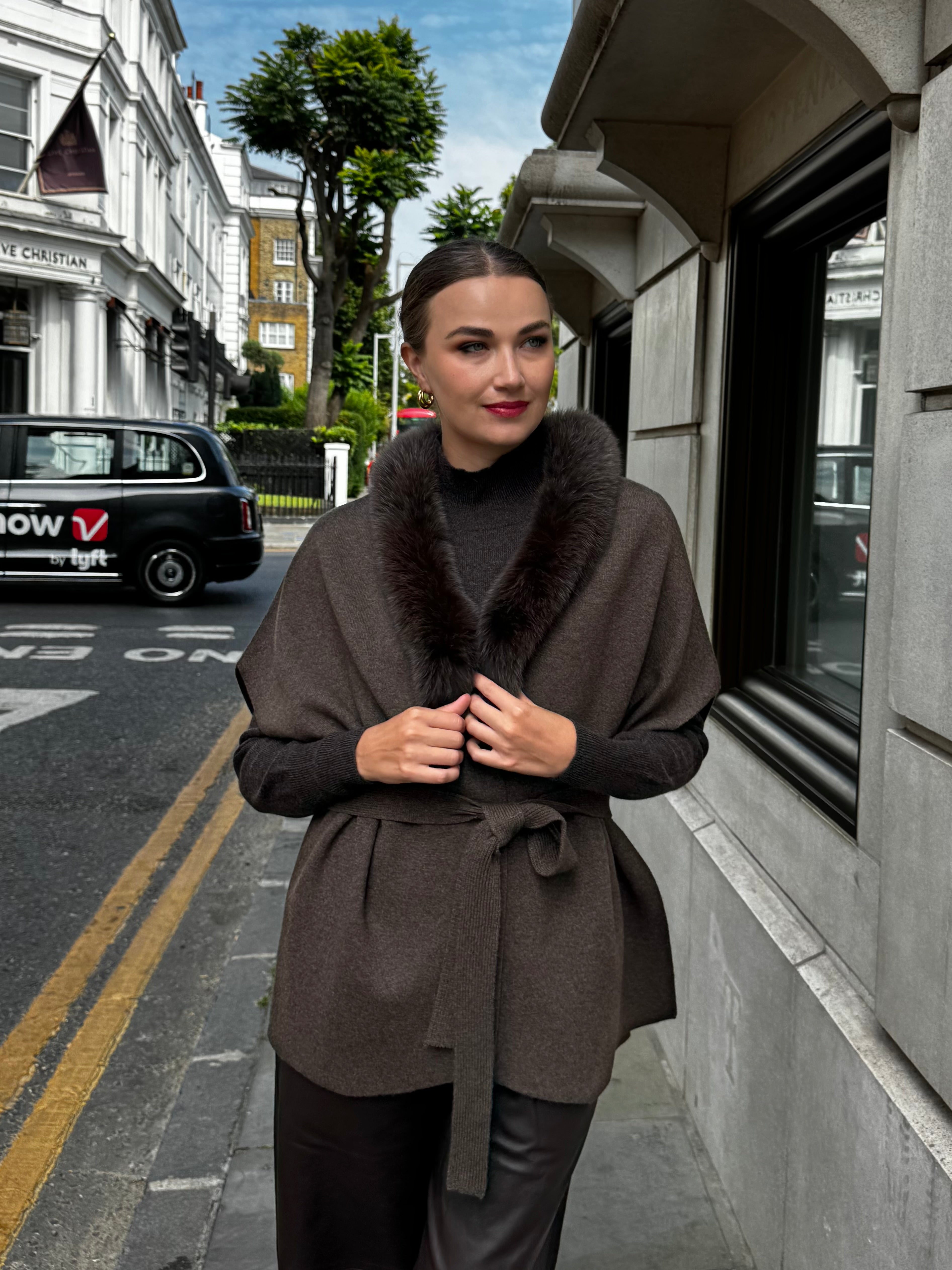 CARDIGAN WITH FOX FUR DETAILS-MARRON