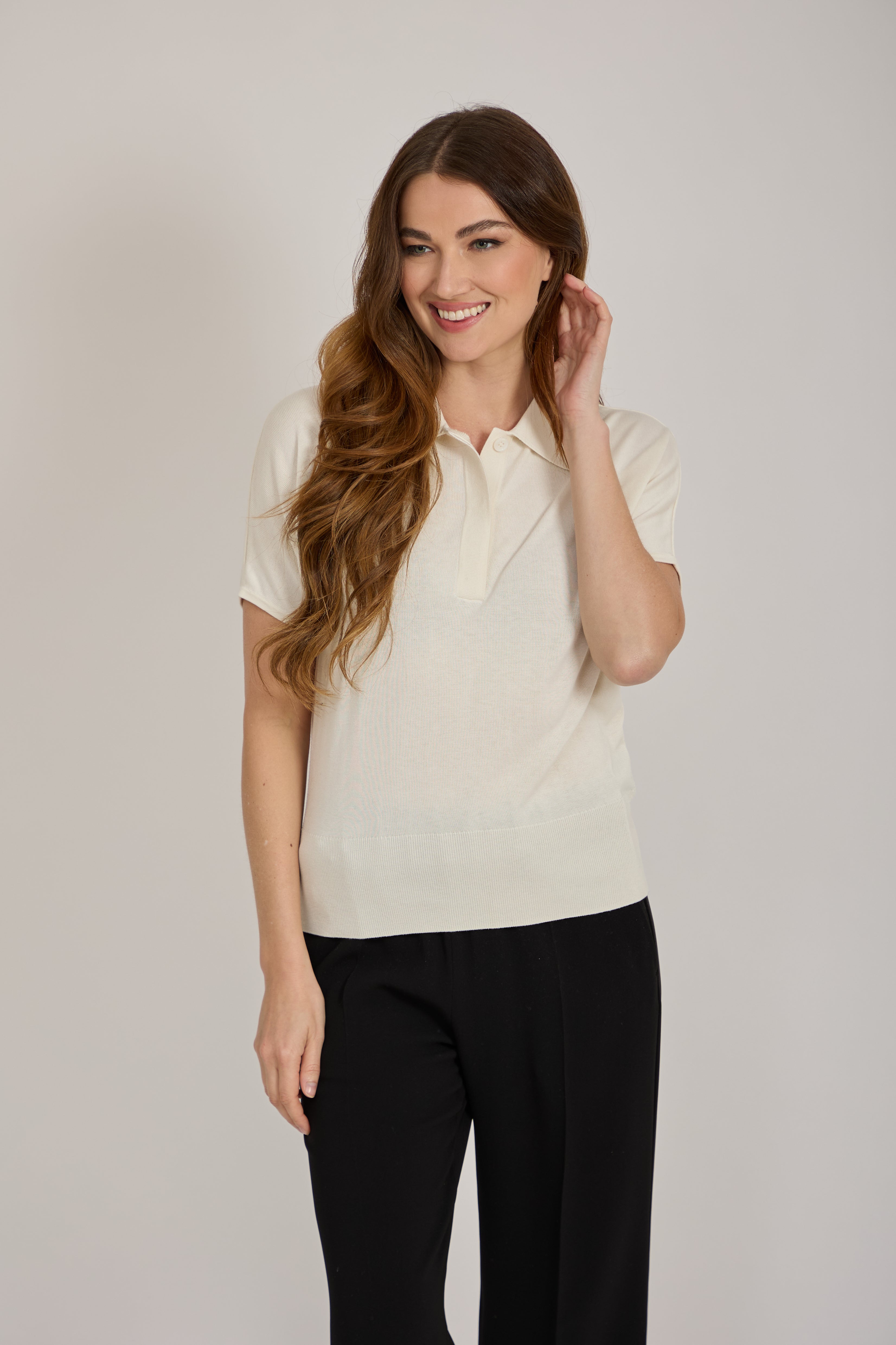 SILK POLO SWEATER WITH SHORT SLEEVES-OFF WHITE