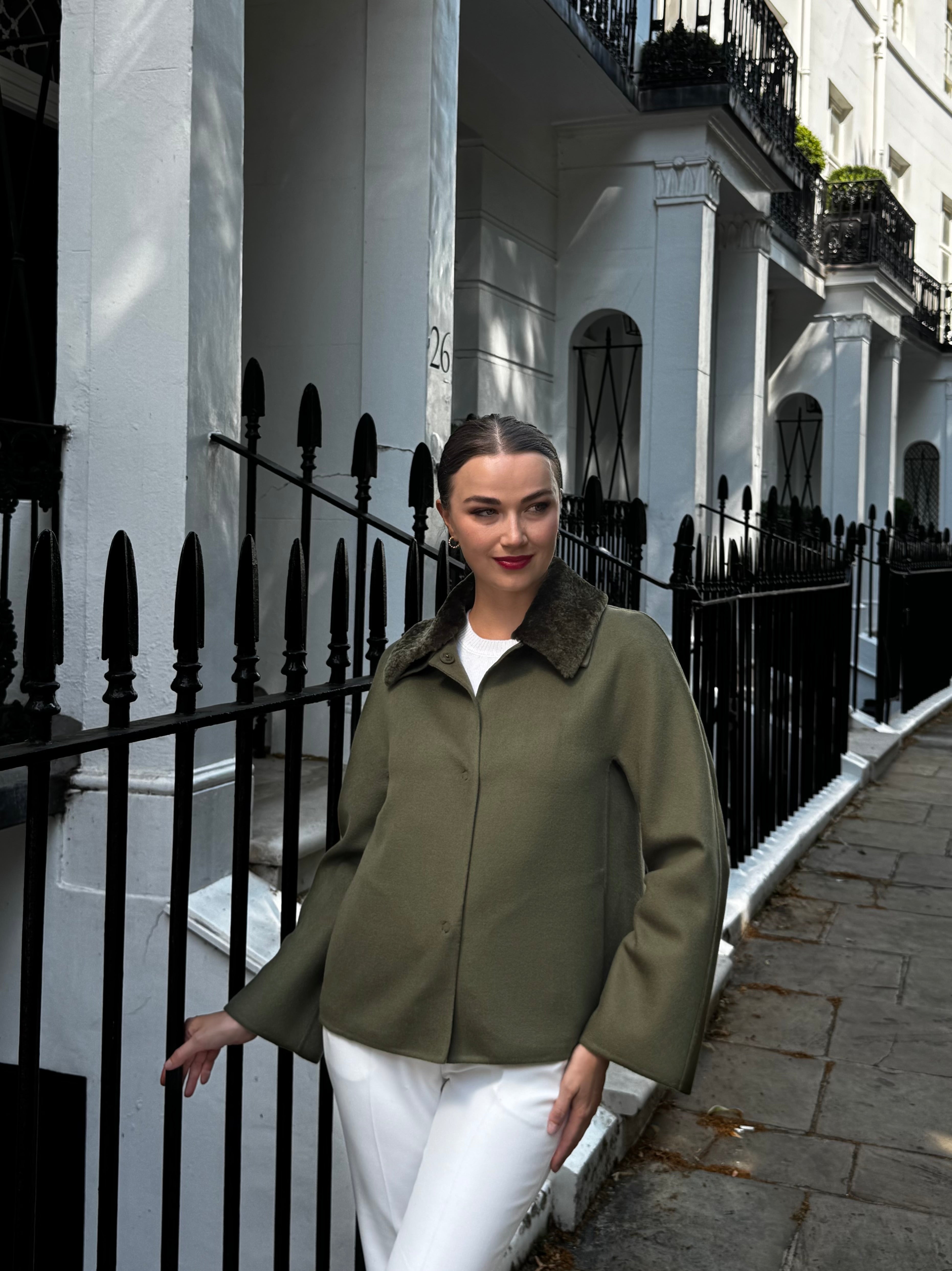 SHORT JACKET WITH SHEARLING COLLAR-KAKI