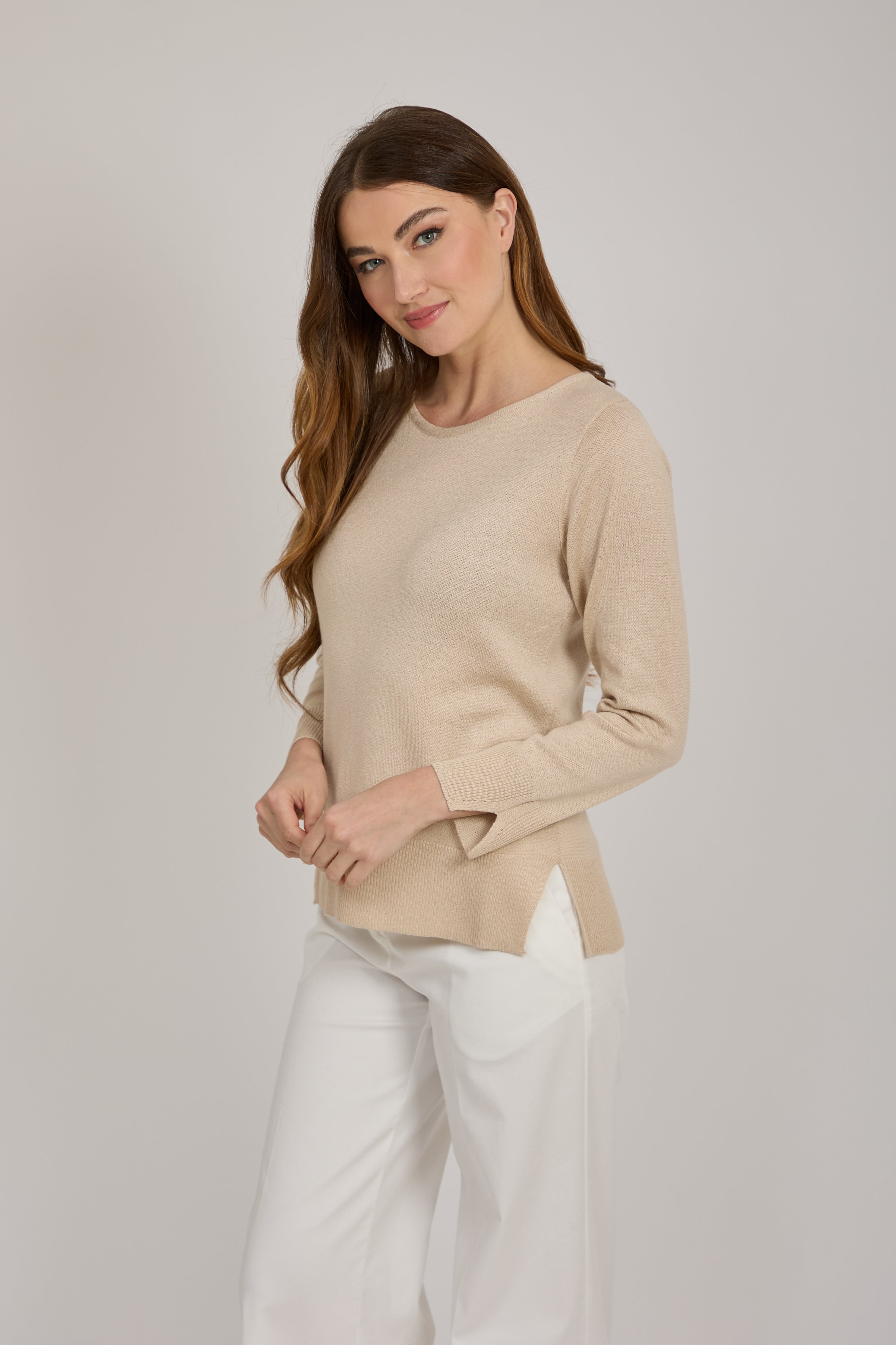 CREW NECK COTTON TOP-BEIGE