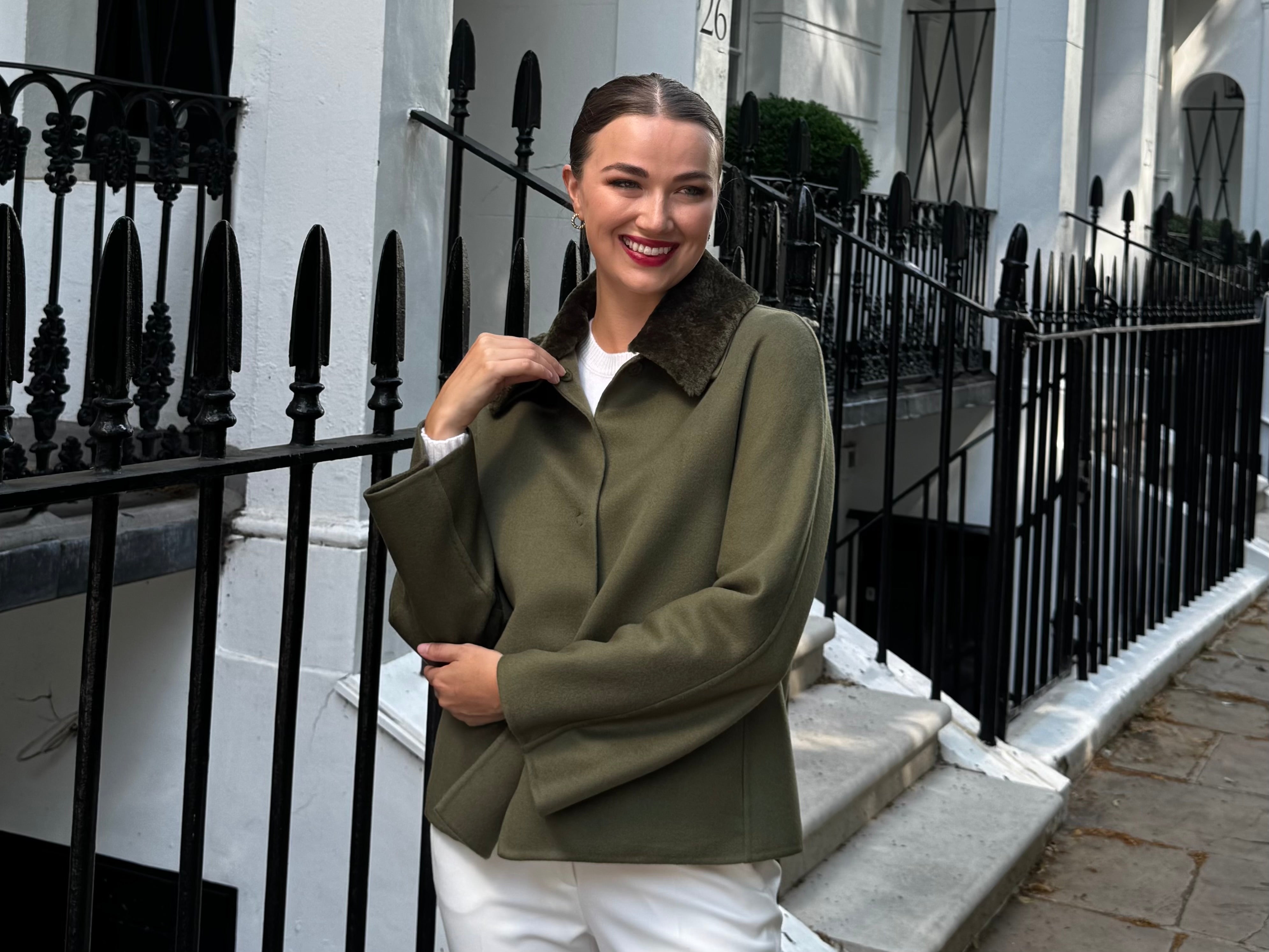 SHORT JACKET WITH SHEARLING COLLAR-KAKI