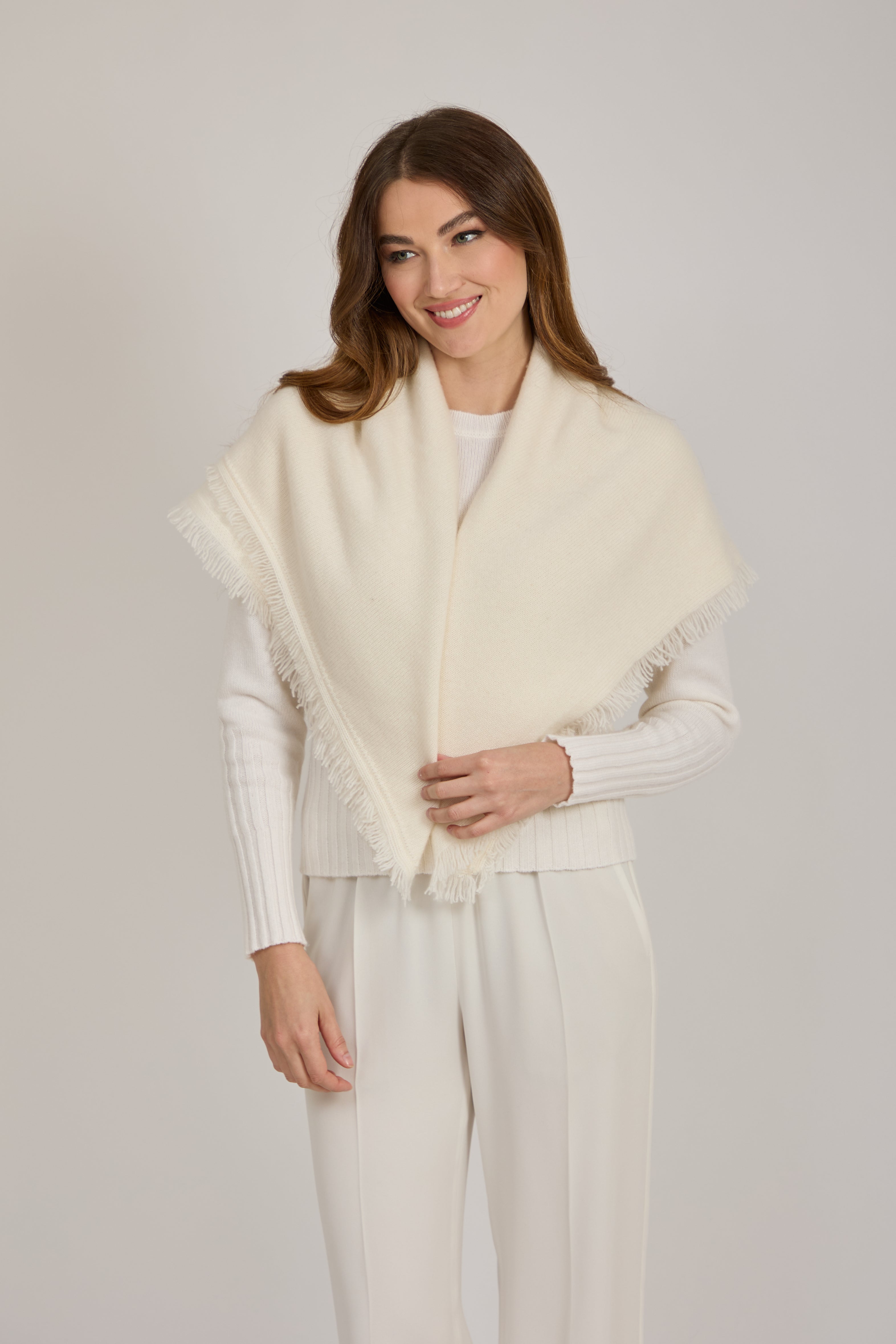 CASHMERE FRINGE SCARF	-WHITE