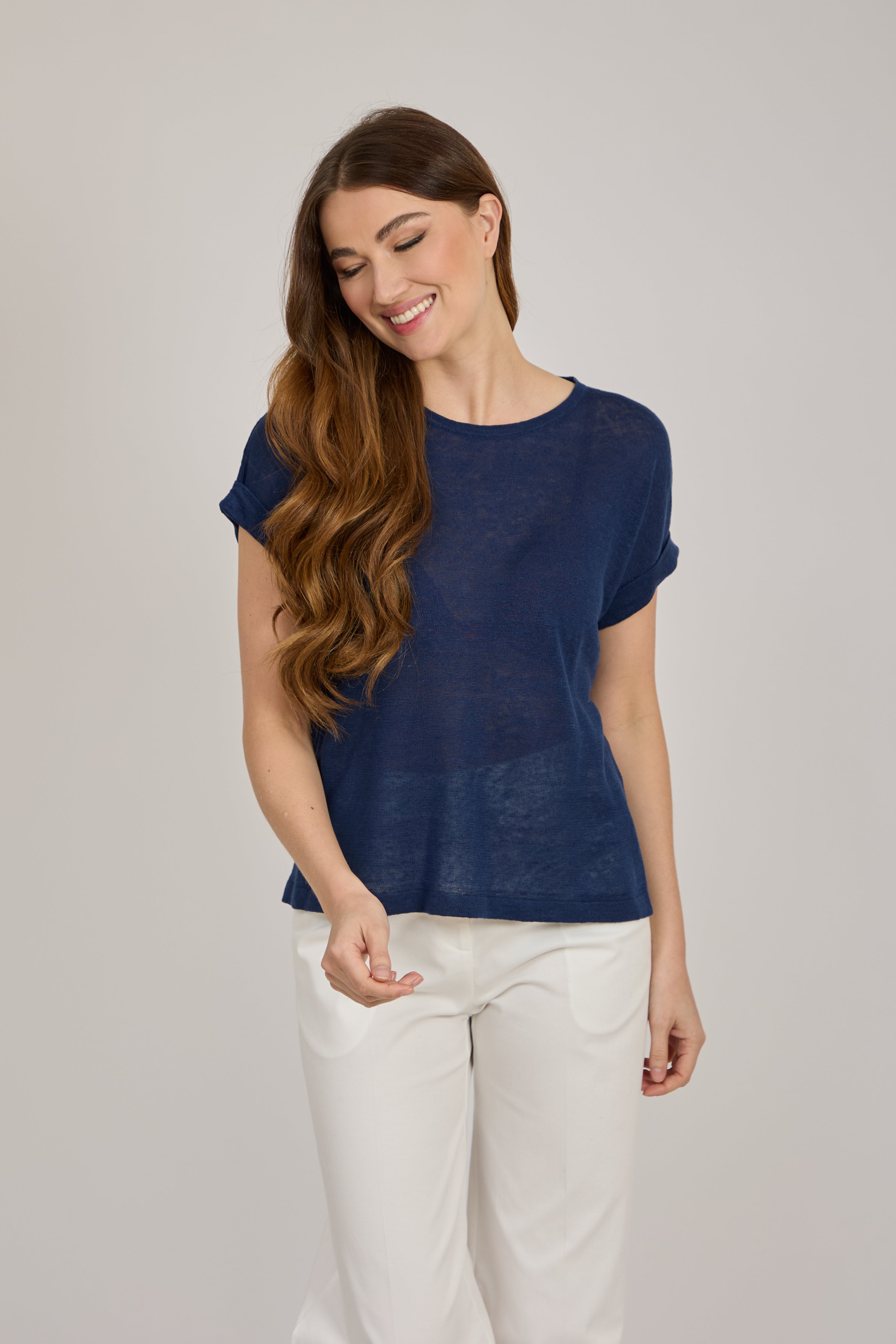ROUND NECK LINEN  TOP-NAVY