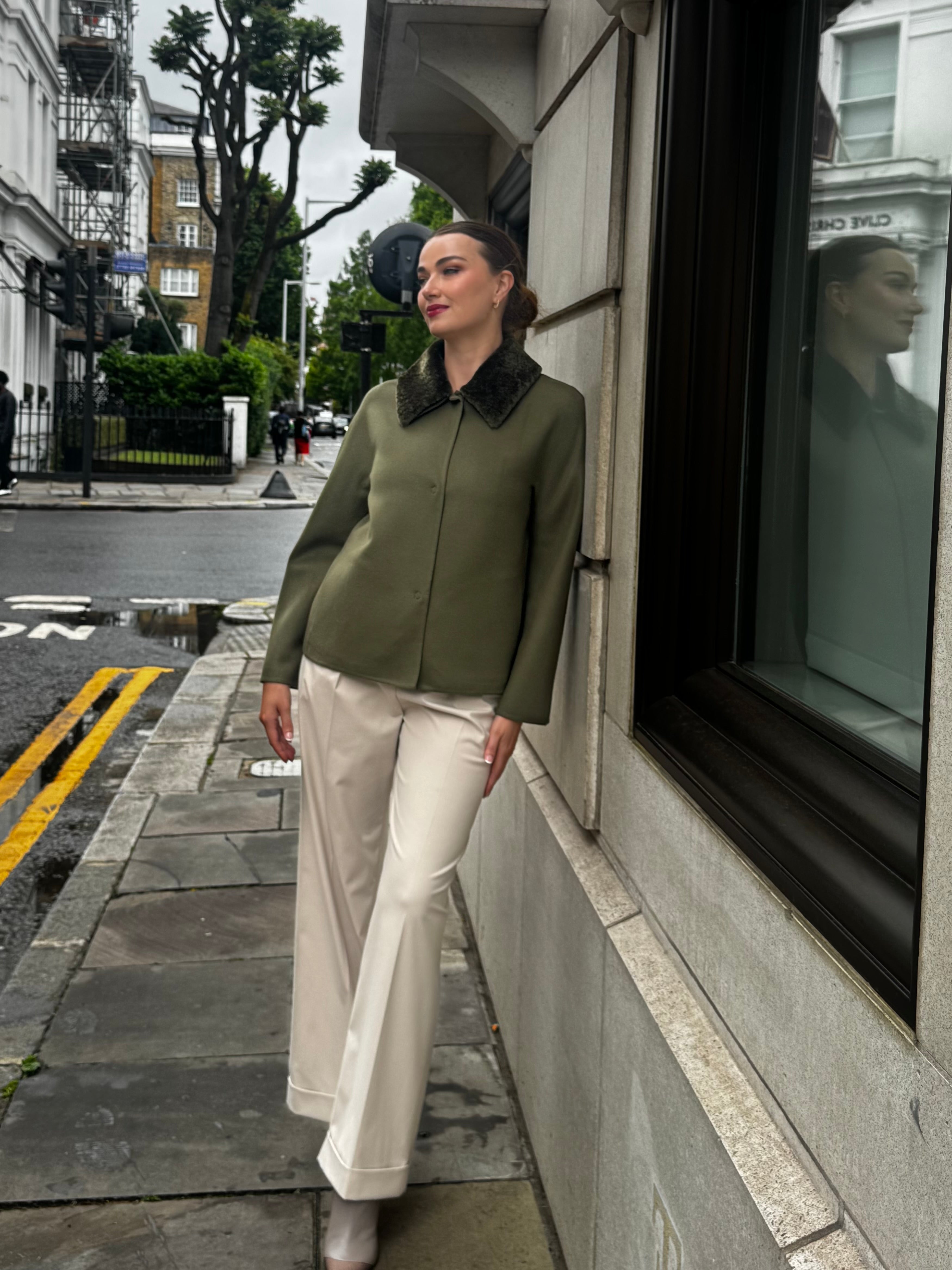 SHORT JACKET WITH SHEARLING COLLAR-KAKI
