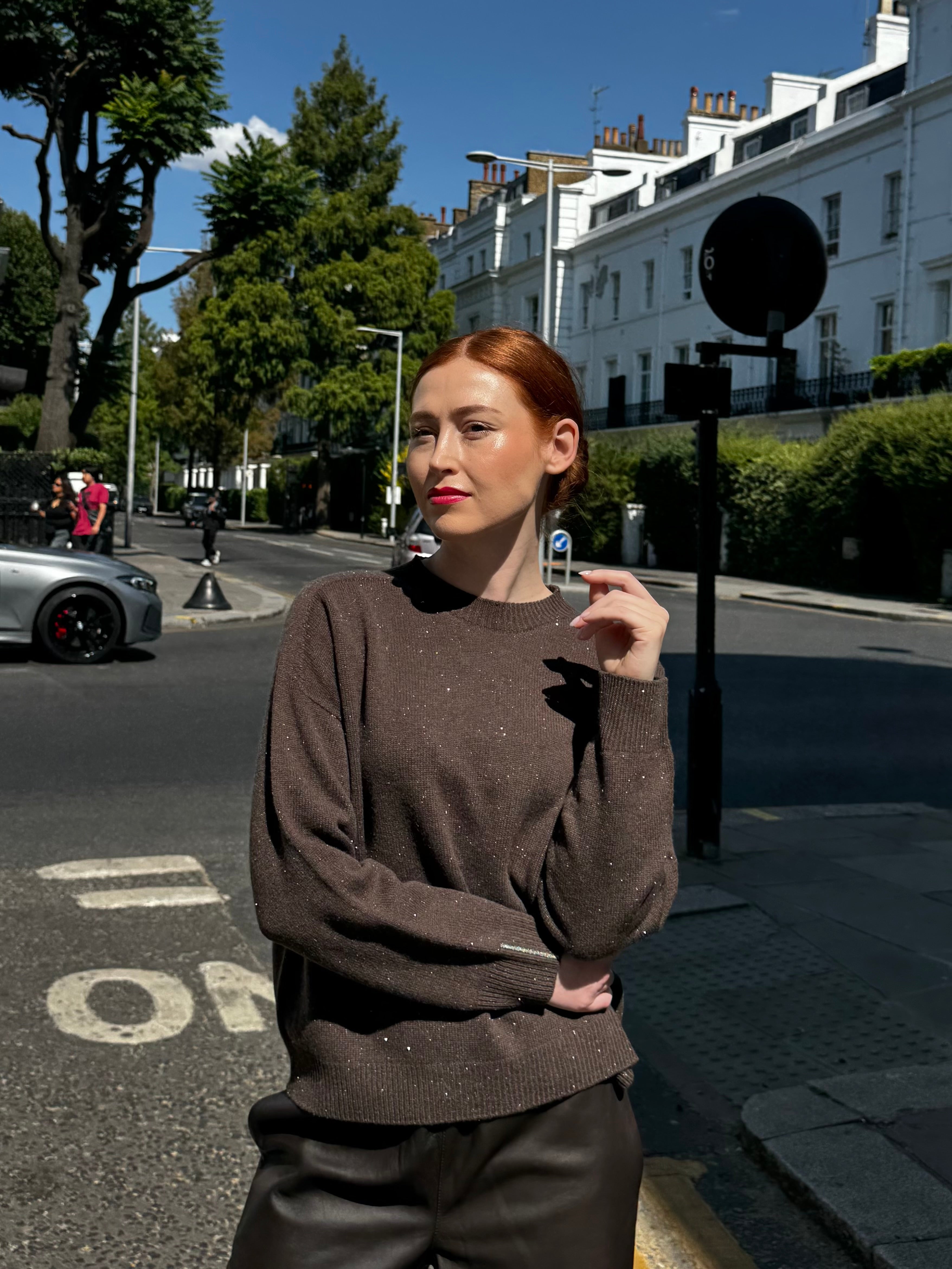 JUMPER WITH LUREX DETAILS-BROWN