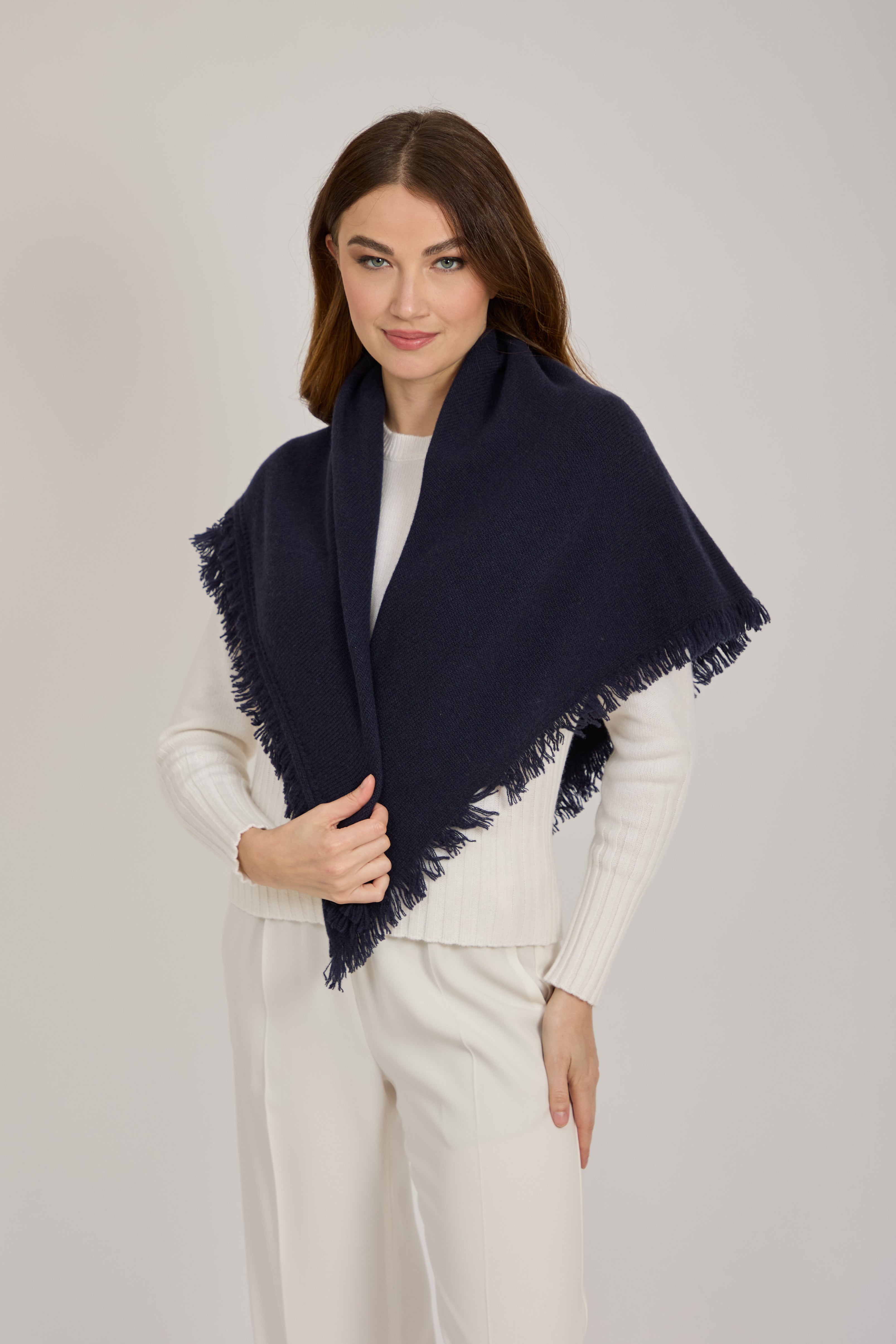 CASHMERE FRINGE SCARF	-NAVY