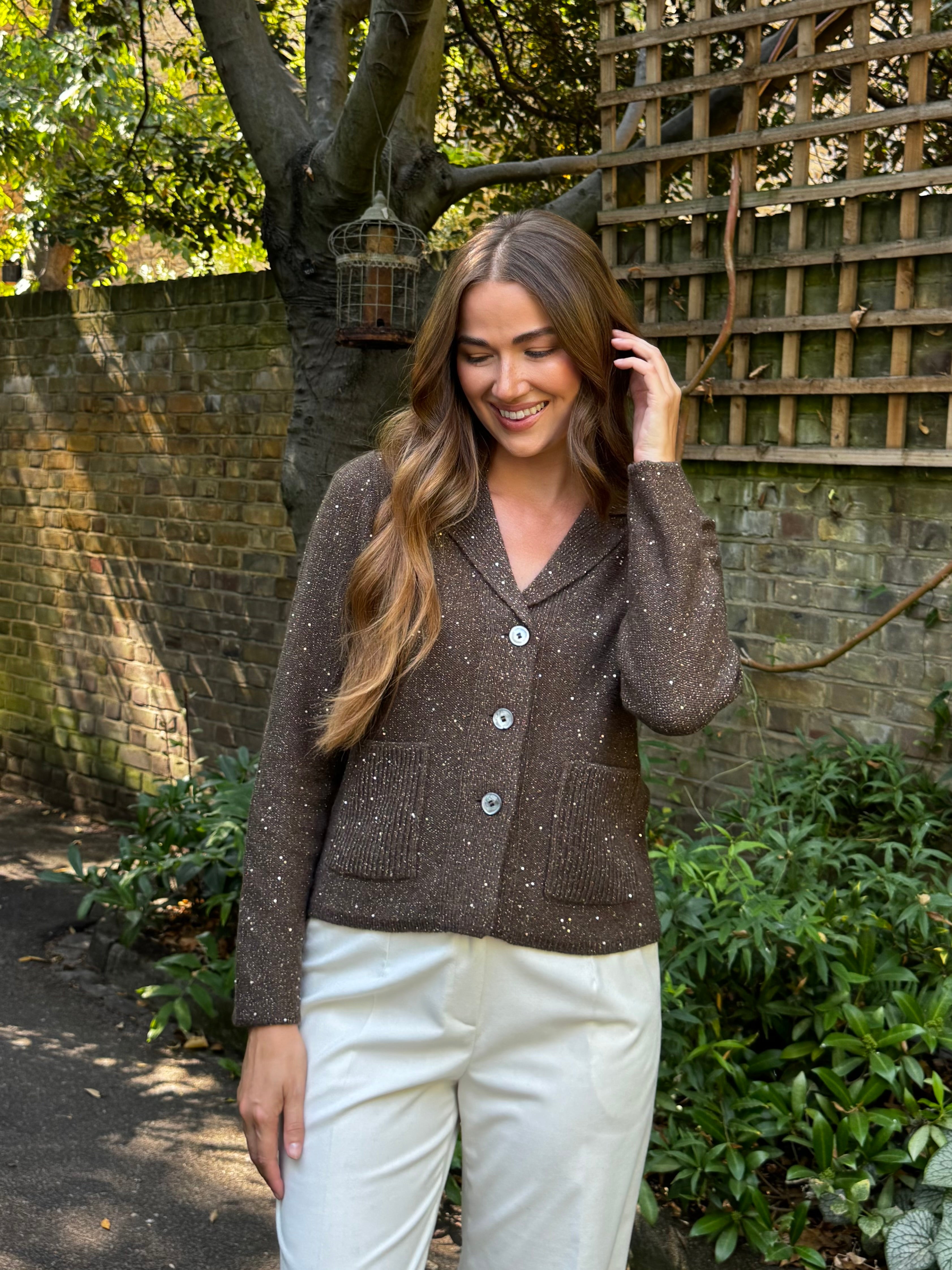 CARDIGAN WITH SEQUIN- BROWN