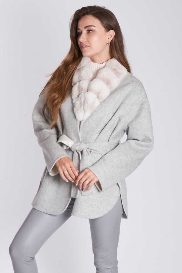 REVERSIBLE  BELTED CASHMERE  COAT WITH CHINCHILLA-CREA/ICE GREY
