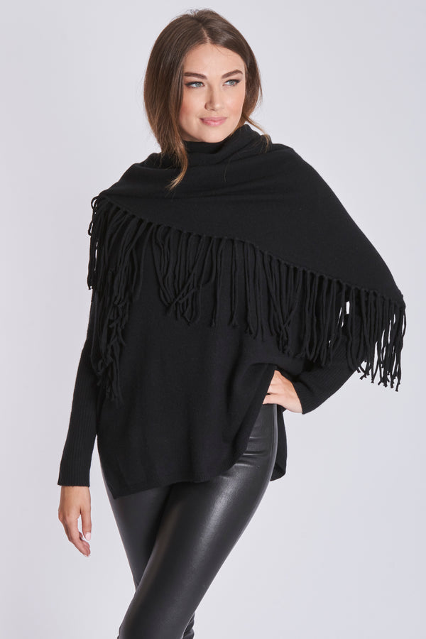 TRIANGLE SCARF WITH FRINGES - BLACK
