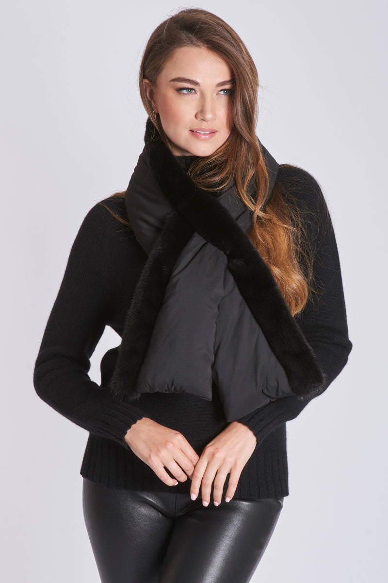 PADDED SCARF WITH MINK -BLACK