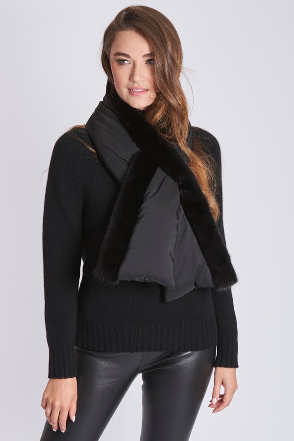 PADDED SCARF WITH MINK -BLACK