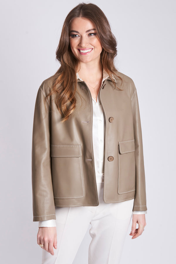 LEATHER JACKET WITH WHITE SLIT-SPRING TAUPE