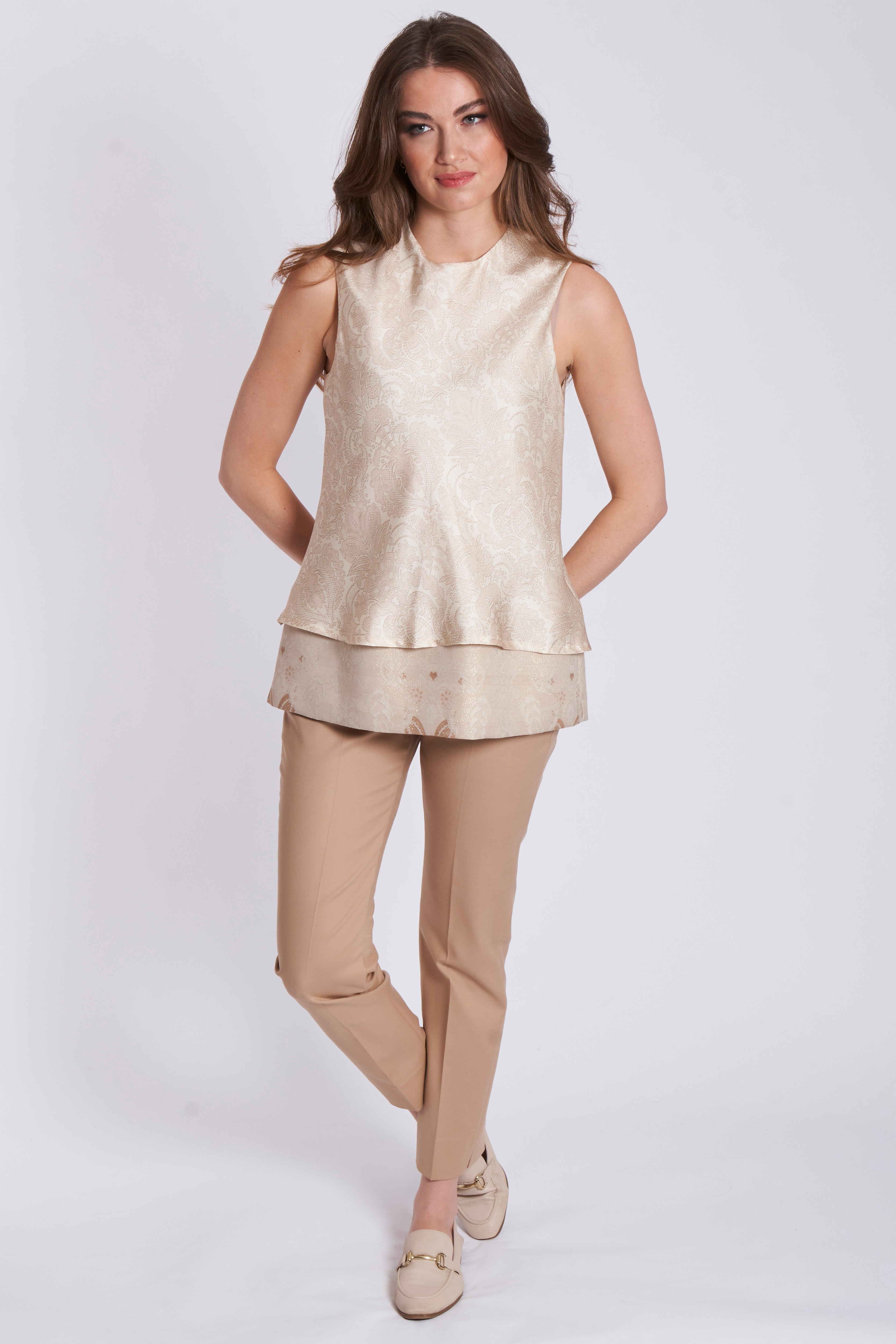 PRINT SILK TOP WITH BROCADE -SPRING BEIGE