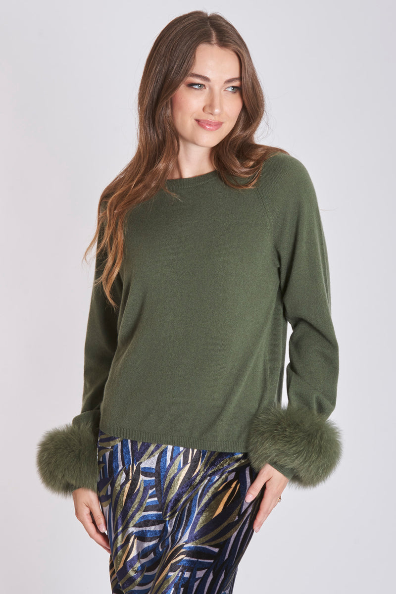 THIN CASHMERE WITH FOX CUFFS-AVOCADO