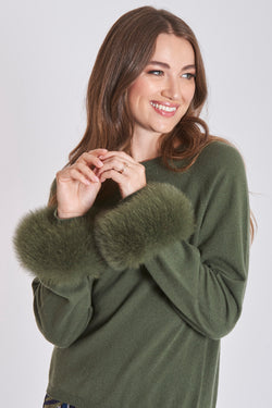 THIN CASHMERE WITH FOX CUFFS-AVOCADO